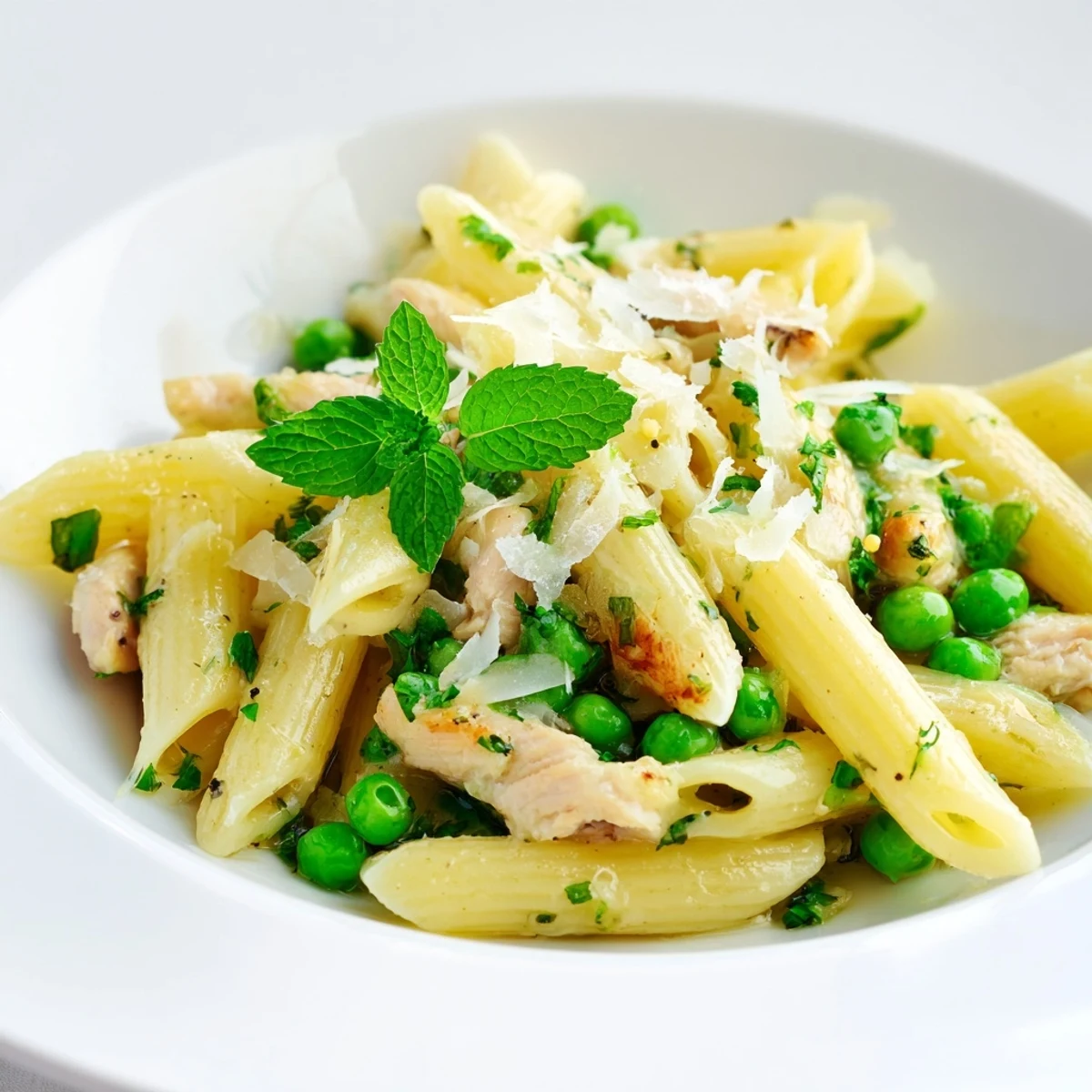 A close-up of Pea & Mint Chicken Pasta featuring golden chicken strips, bright green peas, and fresh mint leaves coated in a glossy lemon sauce.
