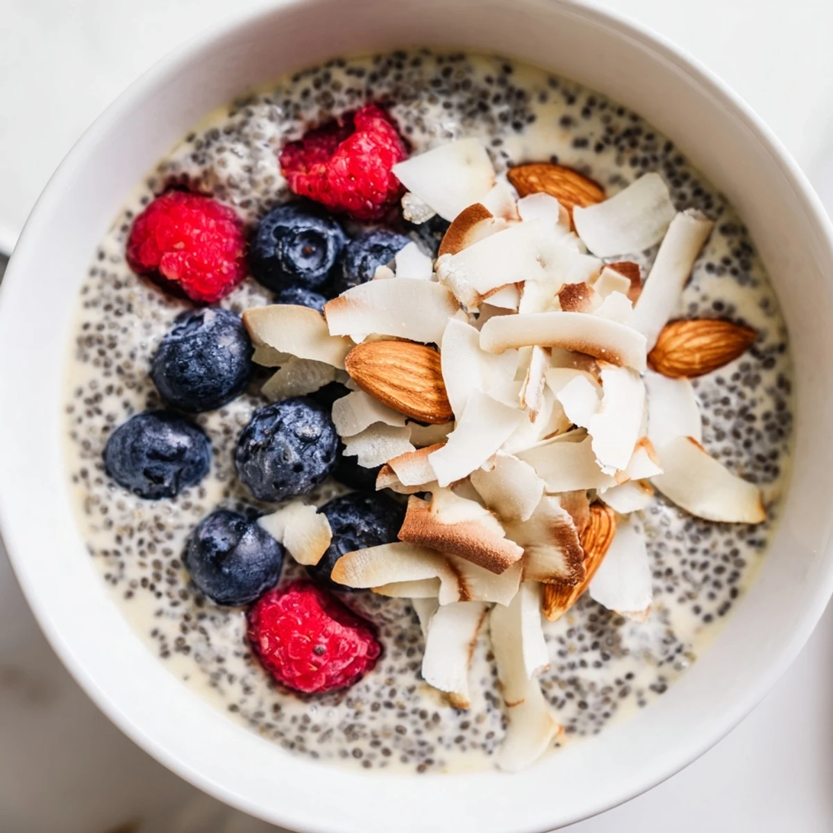 A jar of creamy poppy seed chia pudding, layered with fresh blueberries and toasted almonds for a healthy breakfast.