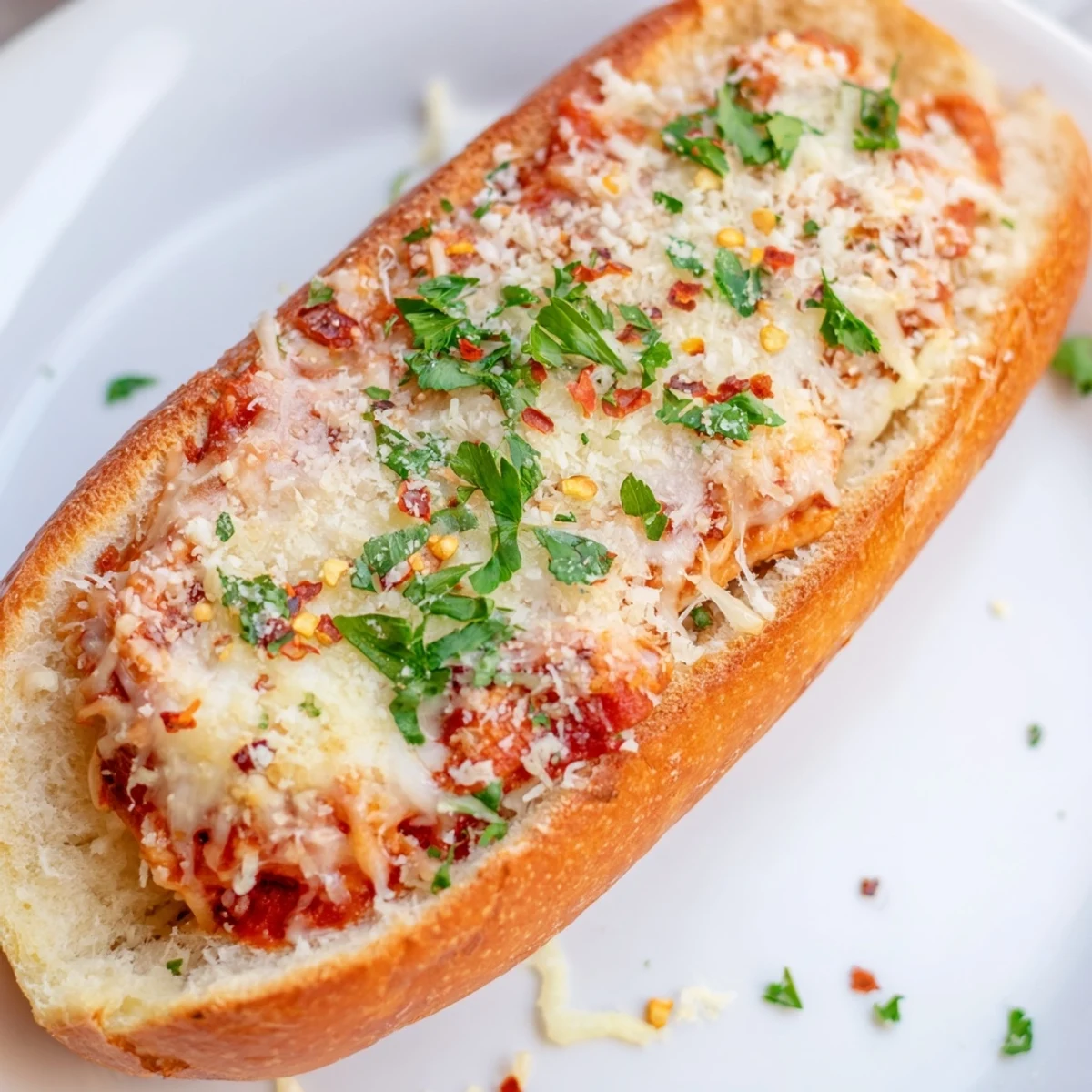 Golden-brown Chicken Parm Stuffed Garlic Bread boats are filled with tender chicken in marinara sauce and gooey melted mozzarella.