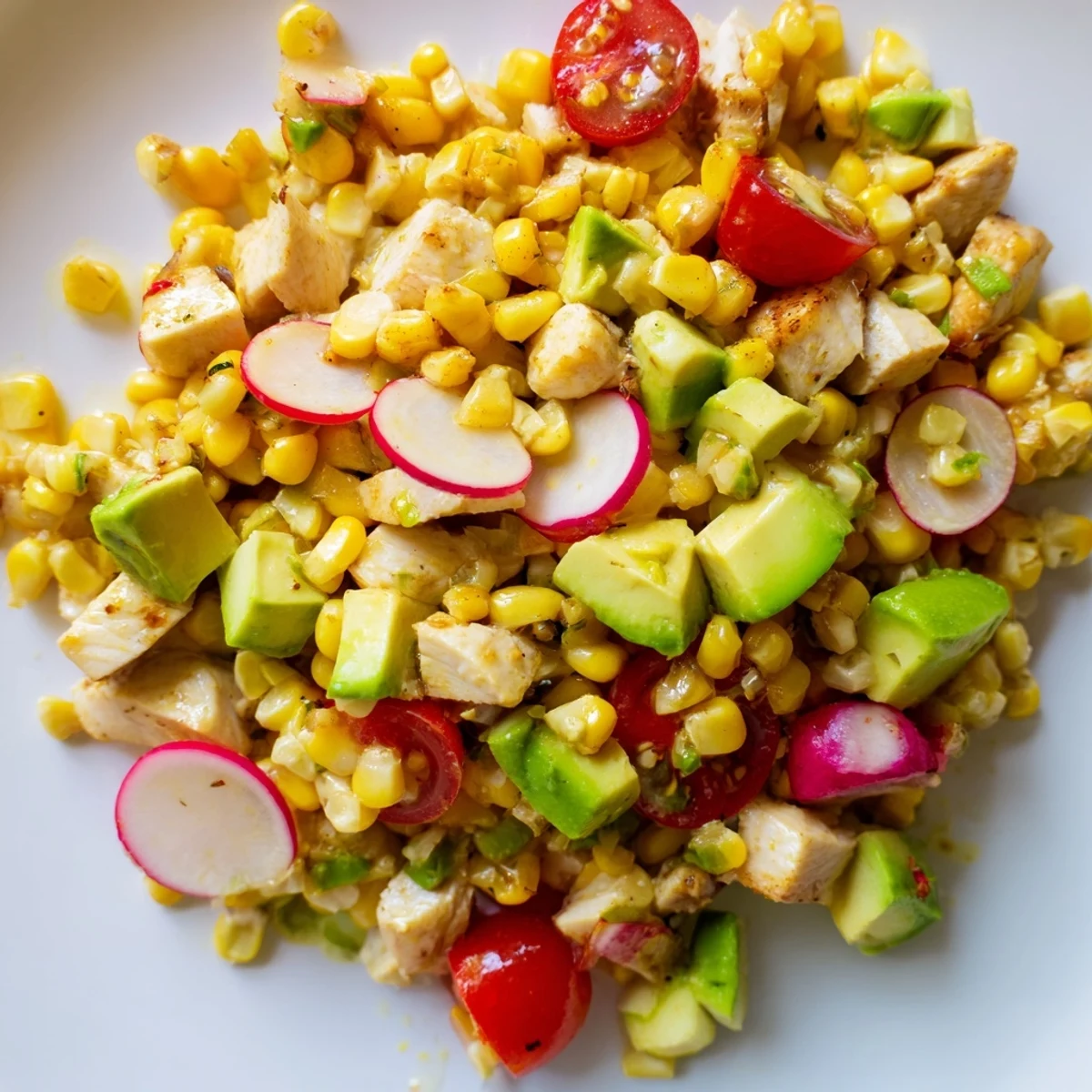 Fresh Roasted Corn & Chicken Chopped Salad served in a rustic bowl, garnished with cilantro and ready for a light lunch.