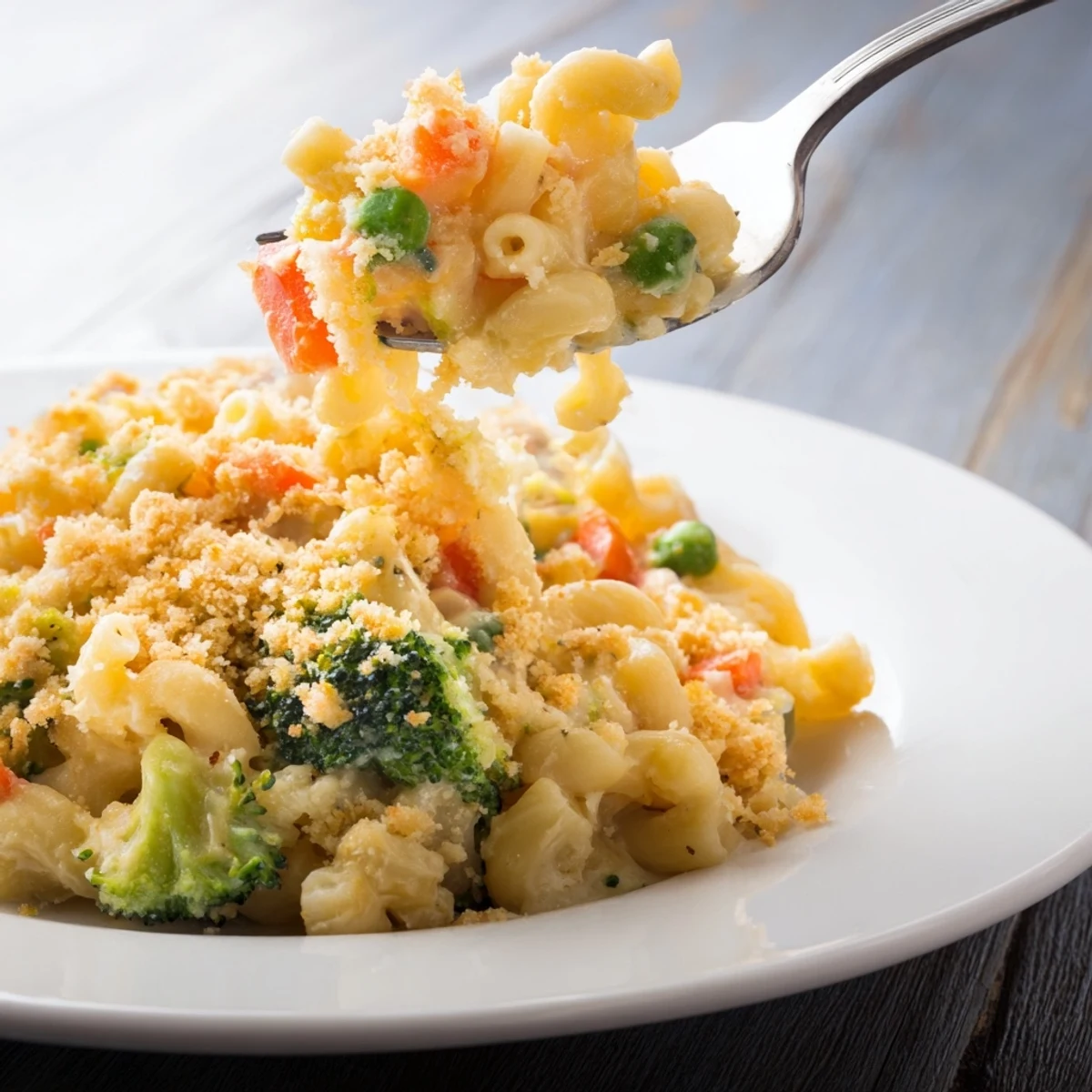 Vibrant Garden Veg Mac and Cheese casserole with colorful vegetables nestled in creamy cheddar sauce, ready to serve.