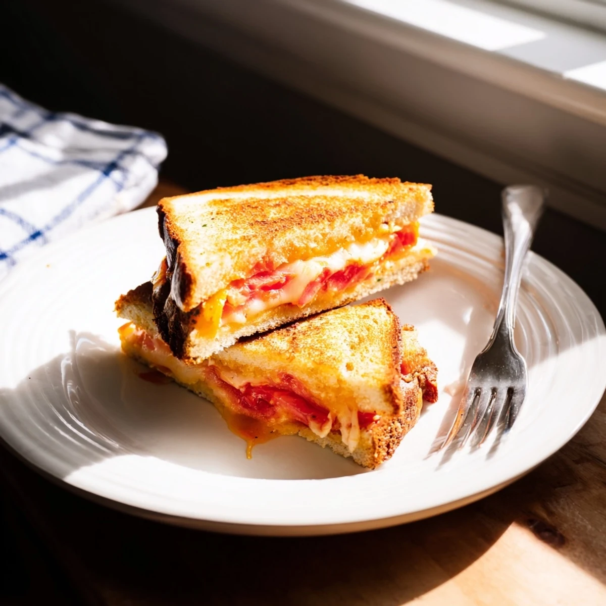 Toasted Pepper Jack & Tomato Grilled Cheese on a plate, paired with a bowl of creamy tomato soup for dipping.