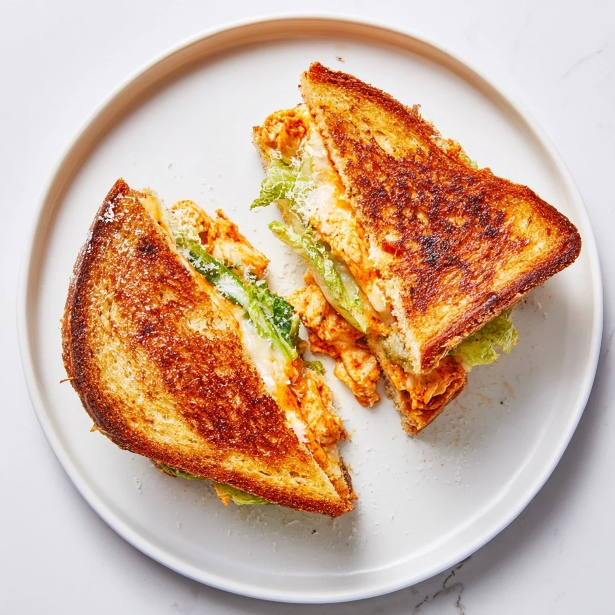 A golden grilled cheese sandwich features shredded buffalo chicken, Caesar dressing, and melted cheese, served on a wooden cutting board.