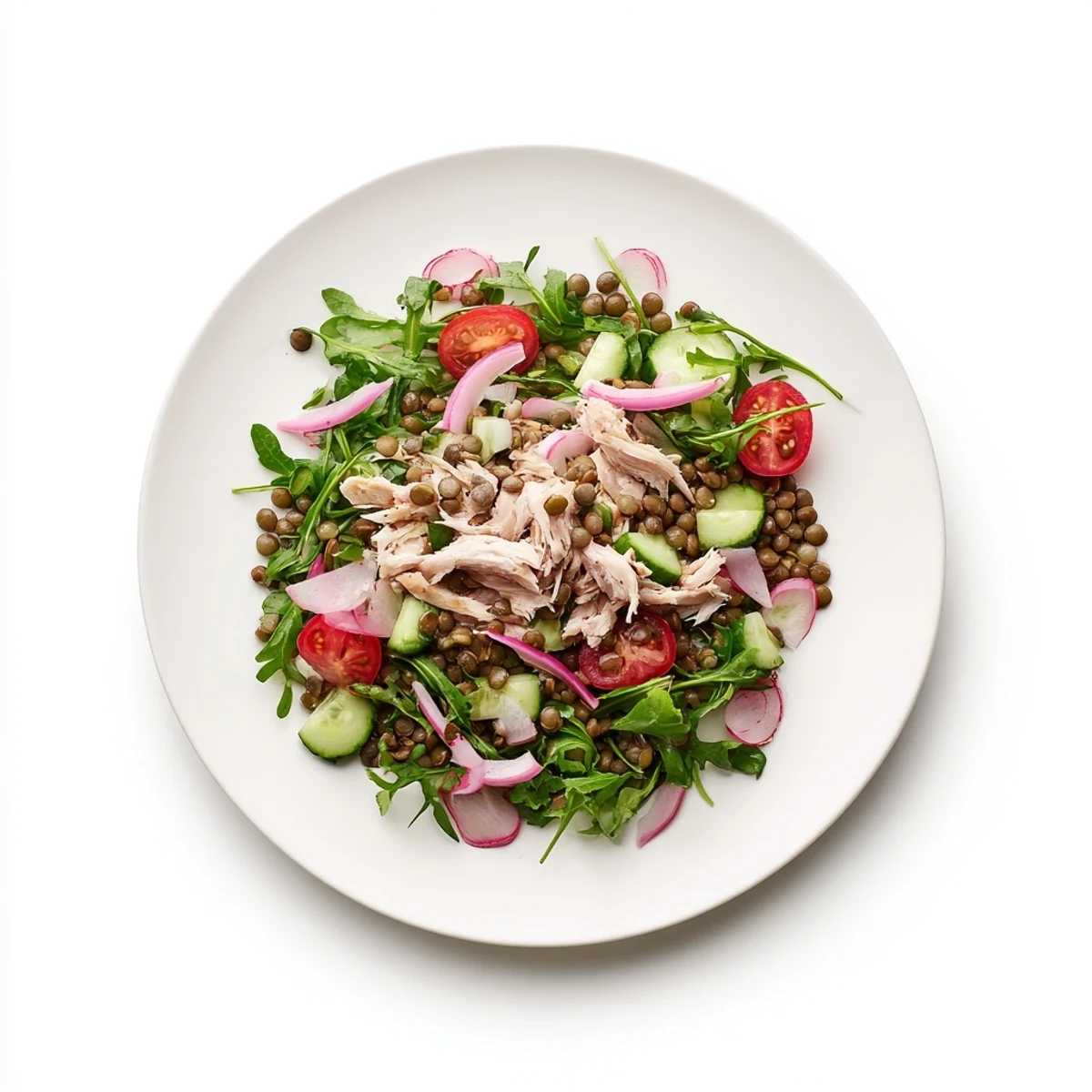 Vibrant Lentil & Chicken Spring Salad with tender lentils, juicy roasted chicken, and peppery arugula tossed in zesty mustard dressing.  