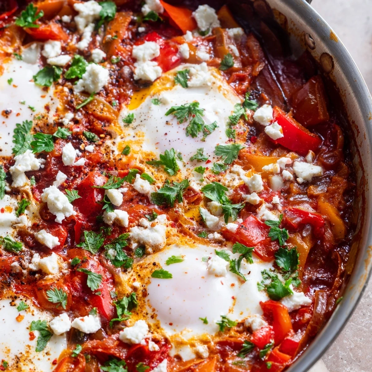 Steaming Shakshuka in a skillet with poached eggs nestled in a spiced tomato and pepper sauce.
