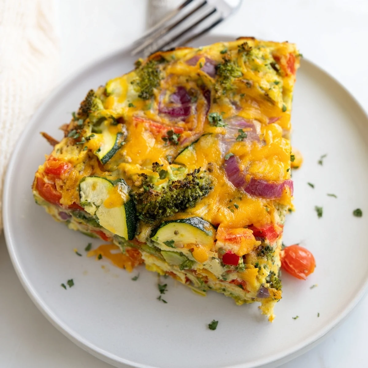 Golden-brown vegetable frittata with melted cheese, perfect for brunch or a light dinner.