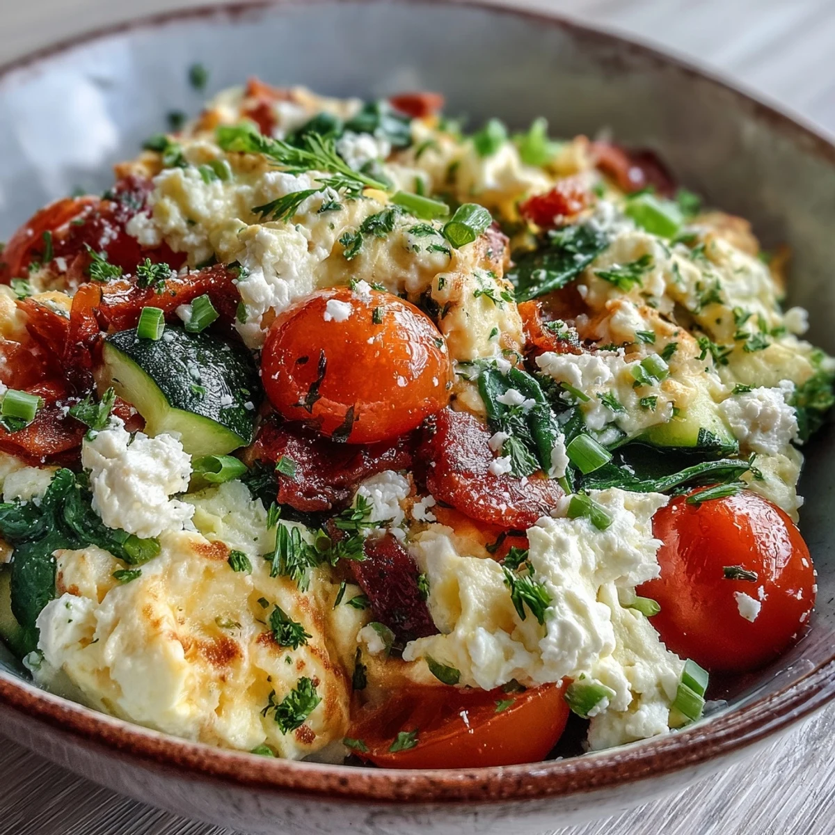 Vibrant egg and vegetable scramble, fluffy with colorful veggies, perfect for healthy brunch.