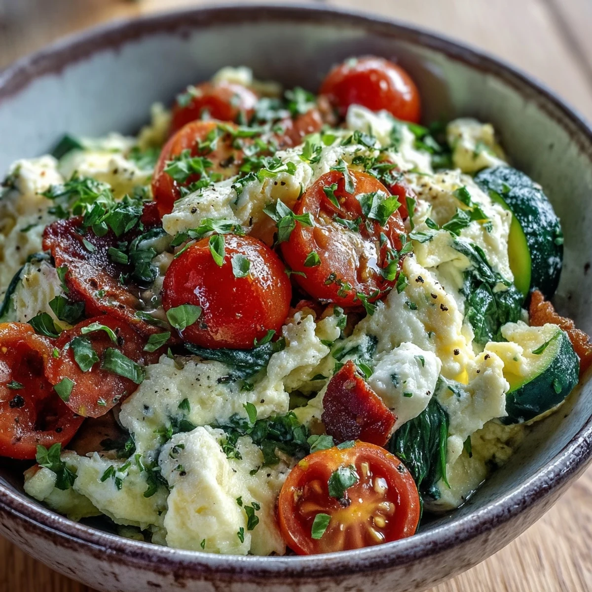 Golden egg and vegetable scramble, a satisfying and nutritious gluten-free morning meal.