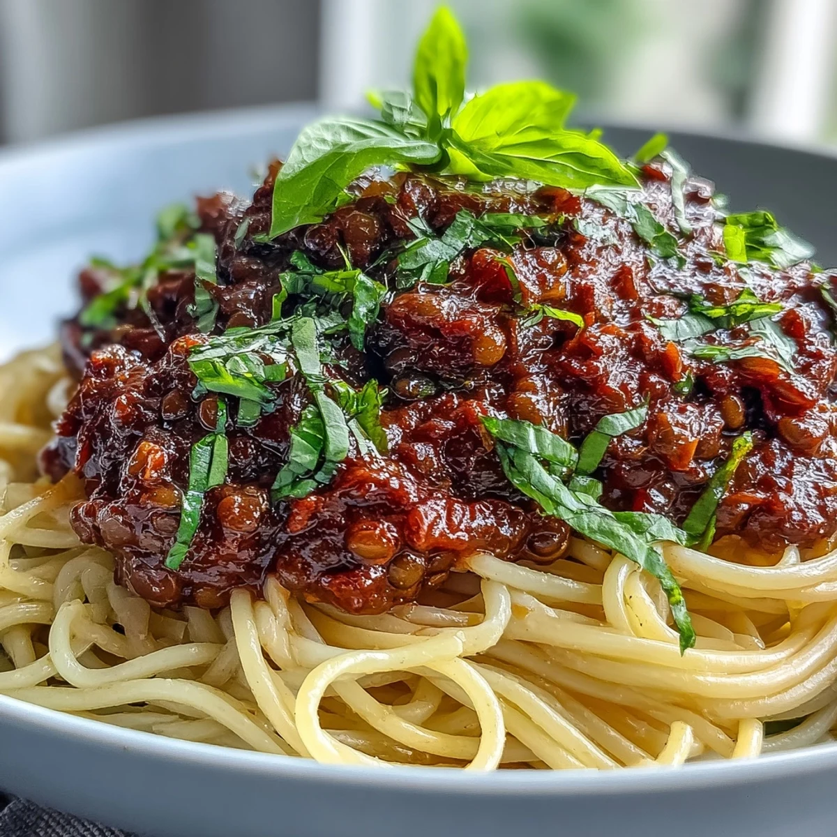 Hearty Lentil Bolognese sauce spooned over steaming spaghetti, topped with fresh basil.