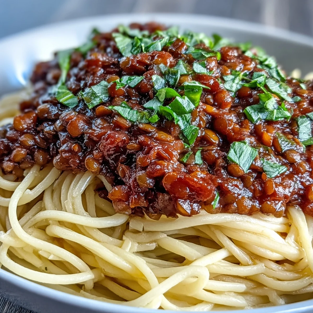 A rich, plant-based Lentil Bolognese recipe served atop pasta with a sprinkle of cheese.
