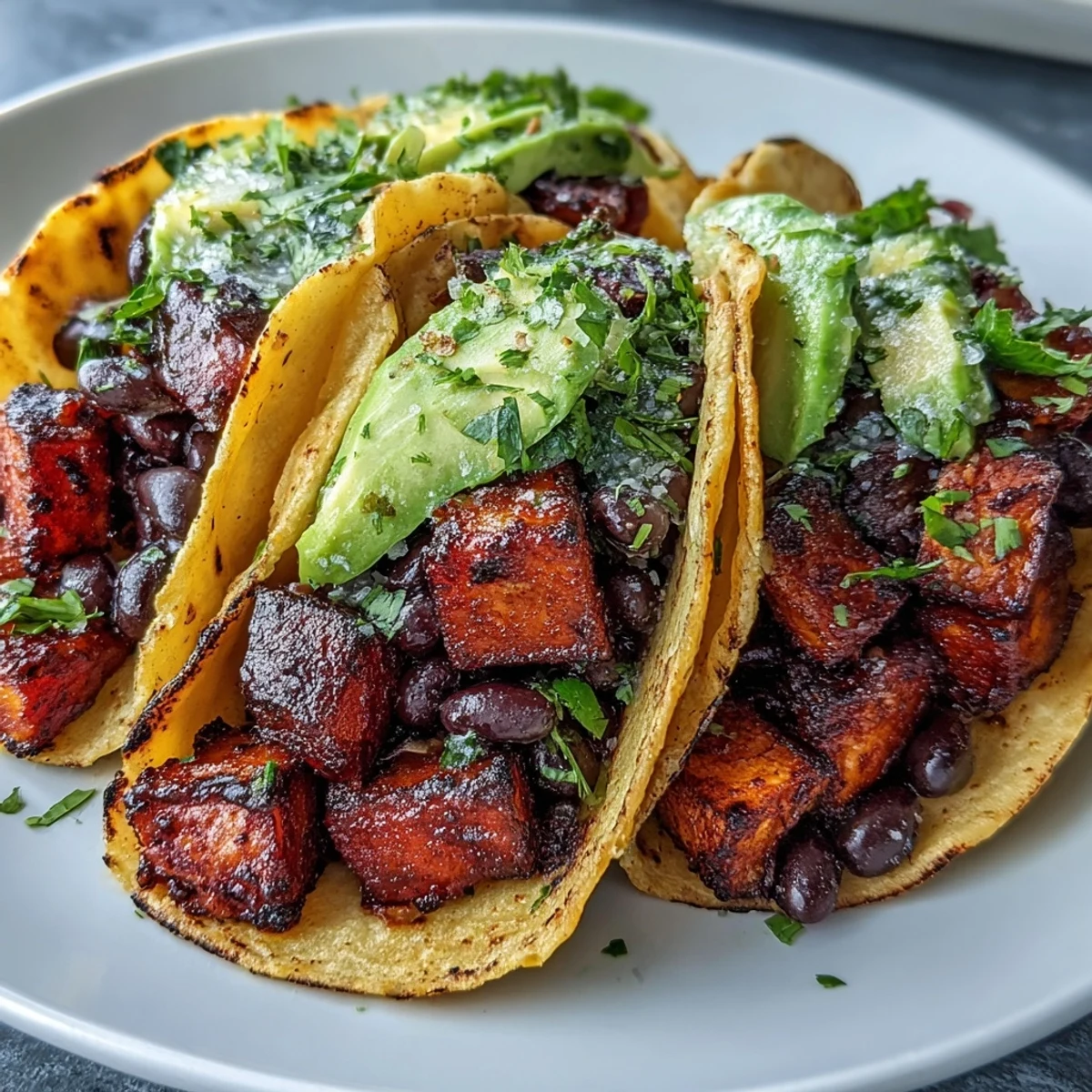 Vibrant Black Bean and Sweet Potato Tacos piled high with colorful toppings.