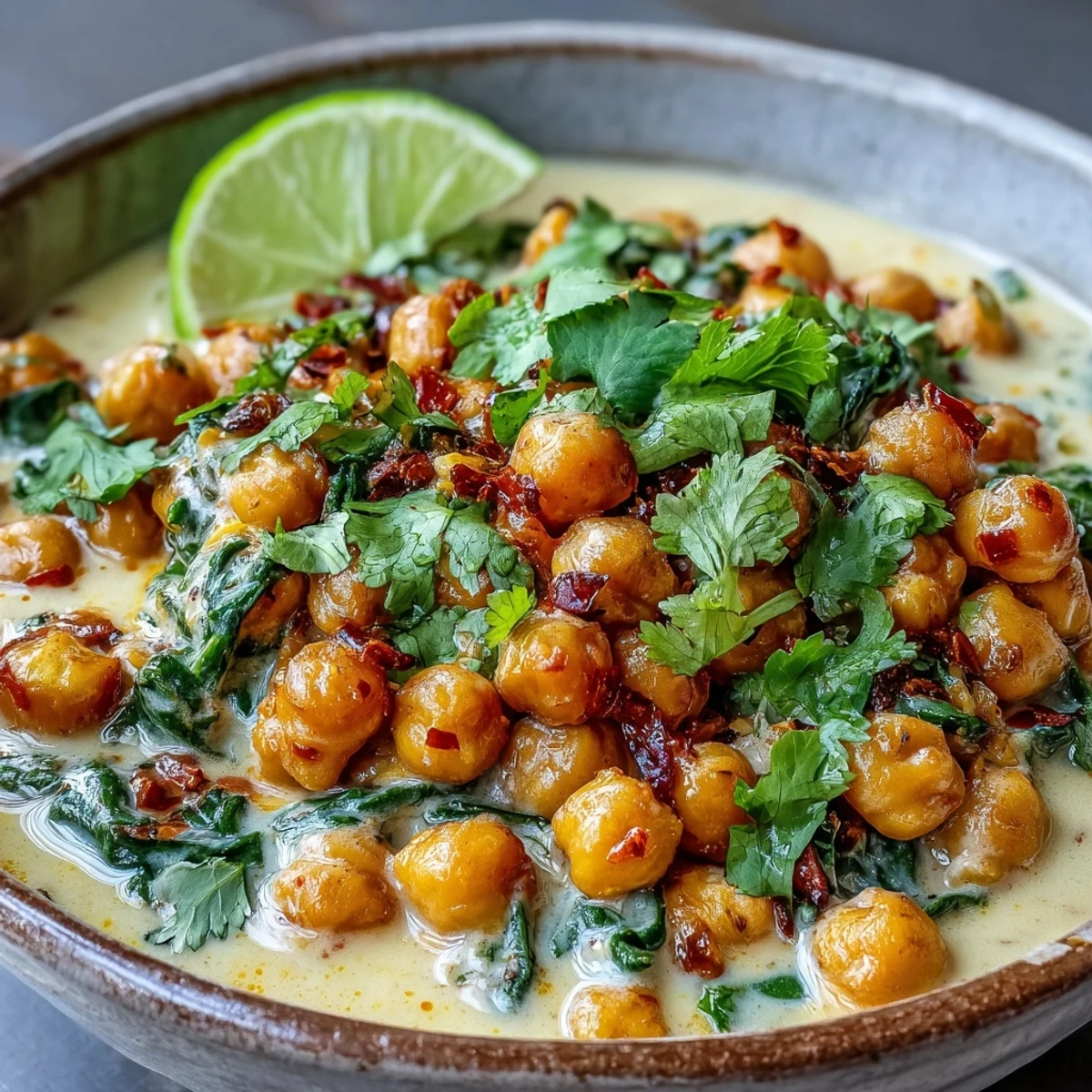 Creamy vegan chickpea curry loaded with aromatic spices and served with fresh cilantro.