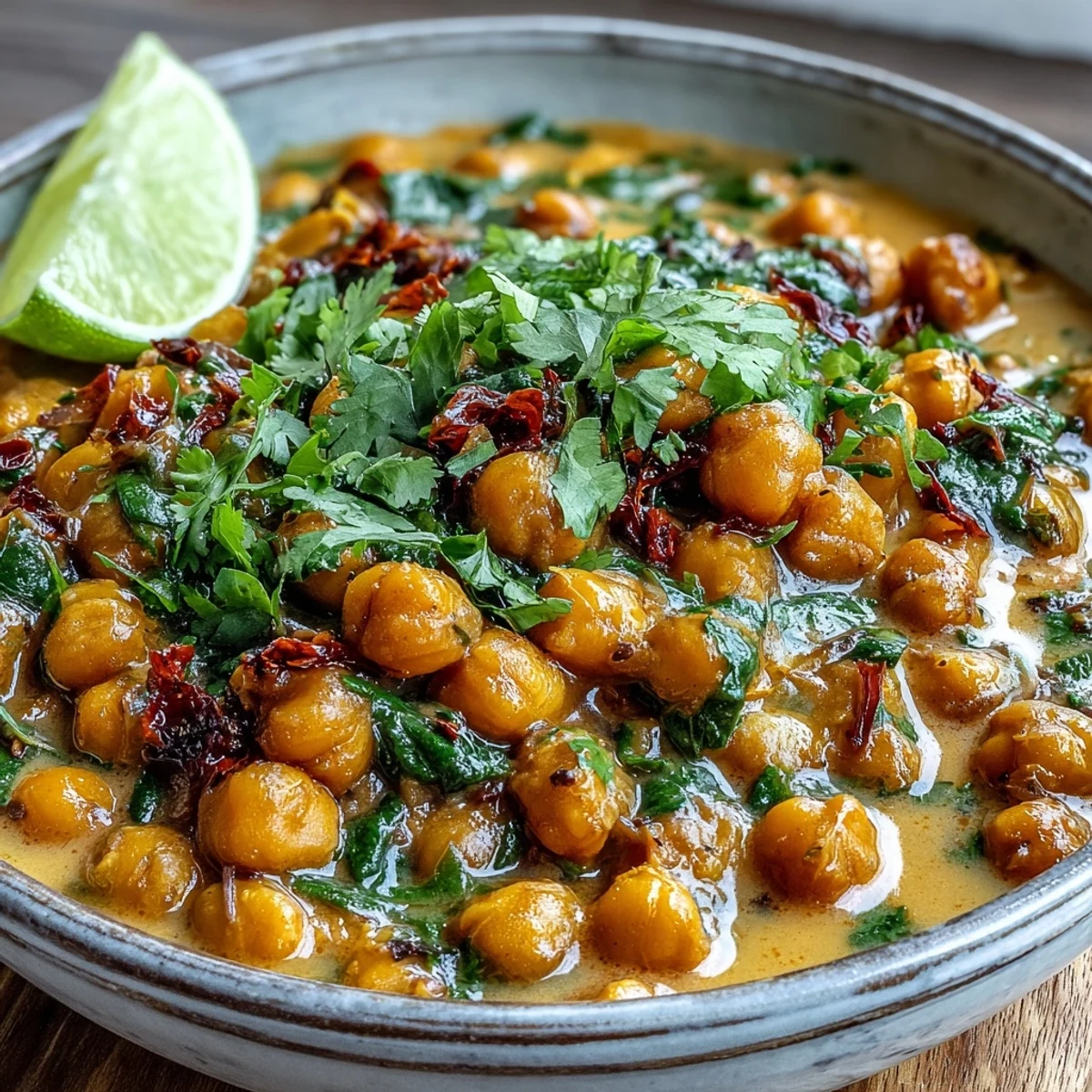 Hearty chickpea curry in rich coconut milk, perfect over fluffy steamed rice.