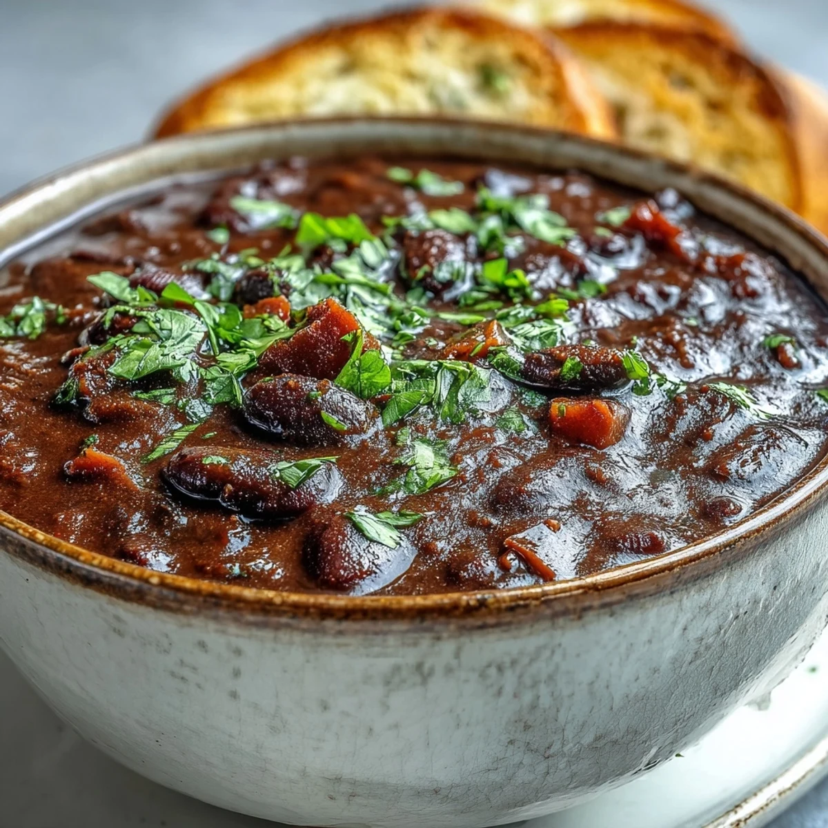 Steaming bowl of creamy Black Bean Soup topped with avocado and cilantro.