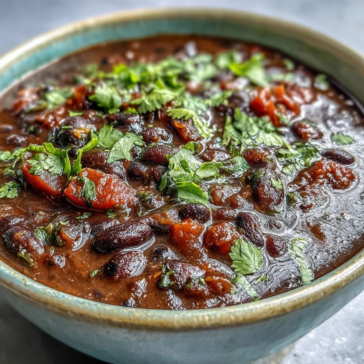 Warm Black Bean Soup garnished with sour cream and diced red onion.
