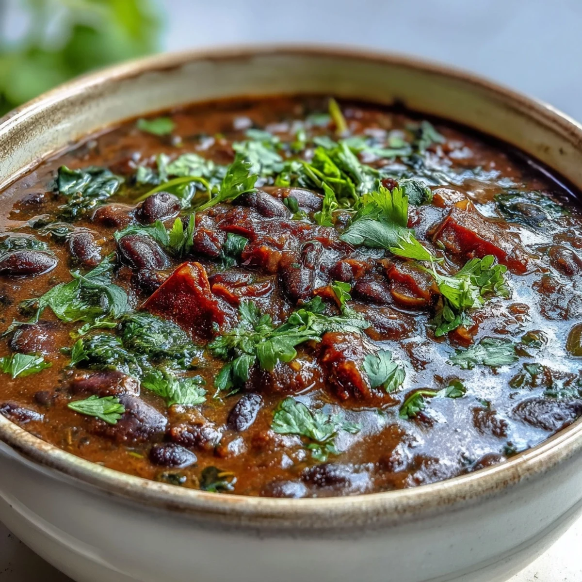 Thick and hearty Black Bean Soup served with lime wedges and tortilla chips.