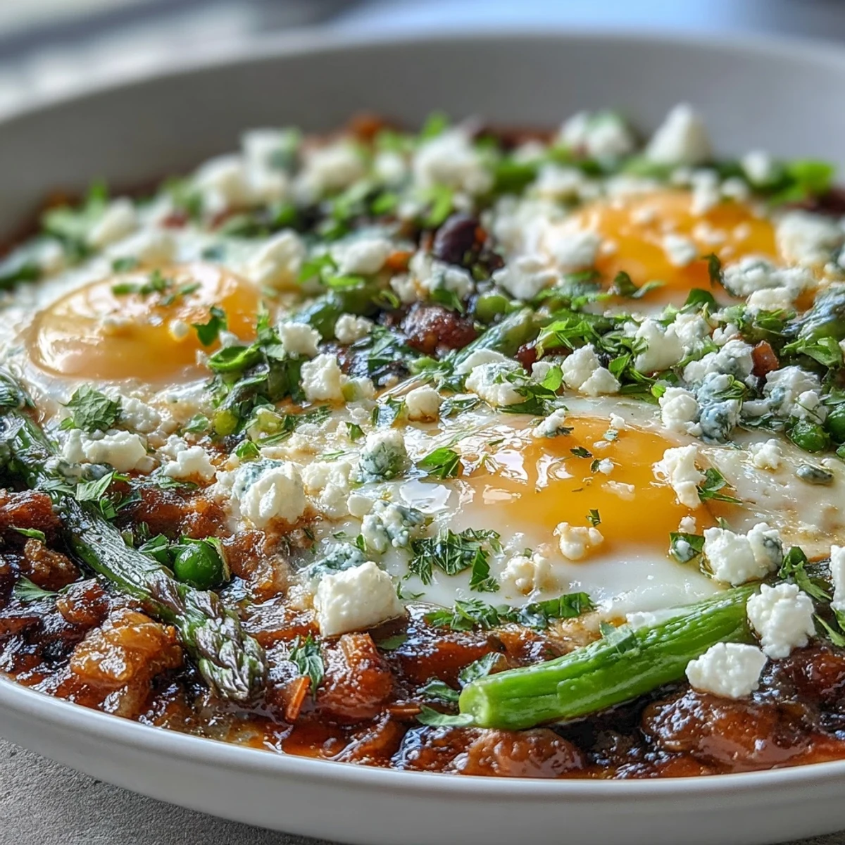 Freshly cooked Pea and Broad Bean Shakshuka with runny yolks in a tomato sauce, topped with crumbled feta and herbs.