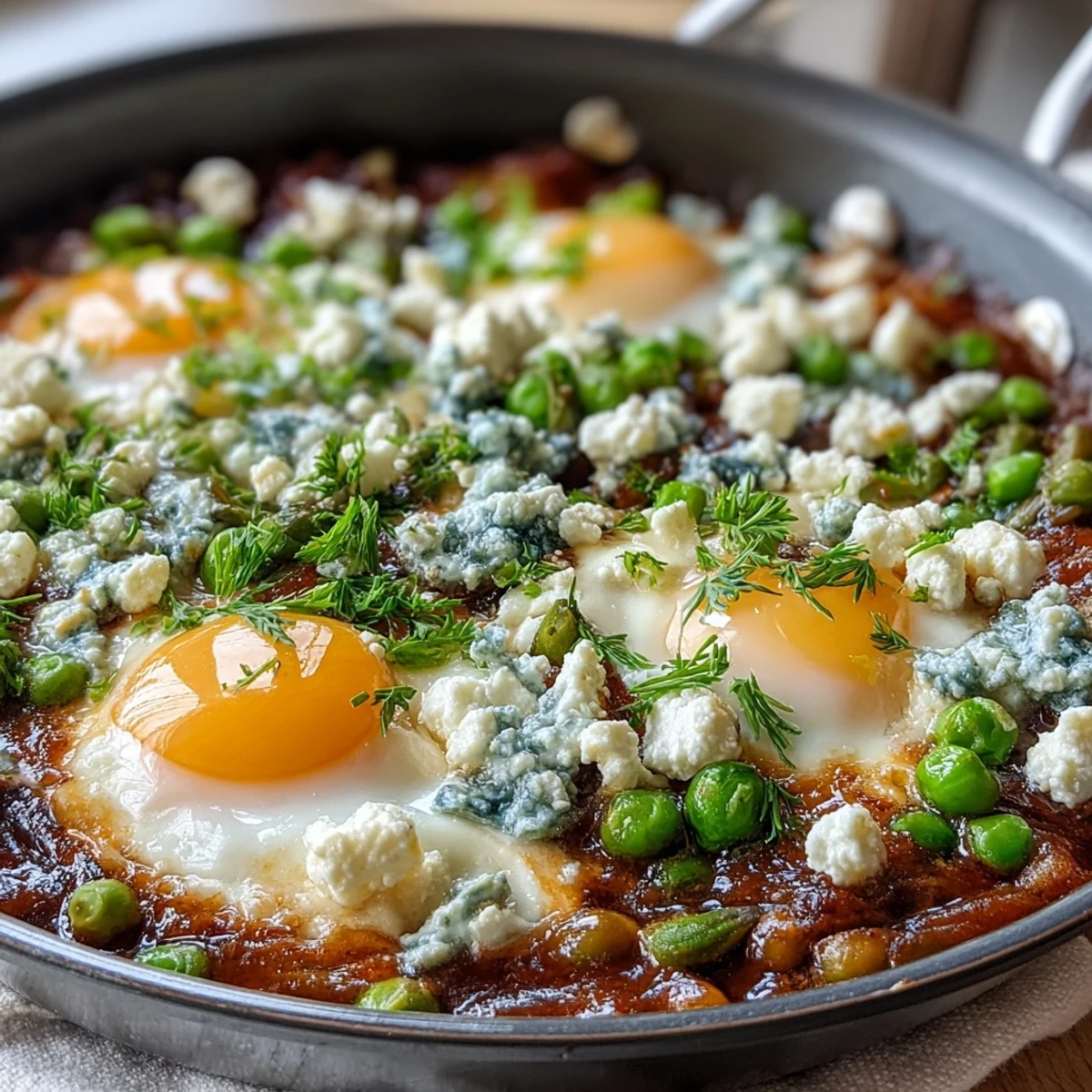Colorful Pea and Broad Bean Shakshuka served in a skillet, garnished with parsley and feta, ready to be scooped up with crusty bread.
