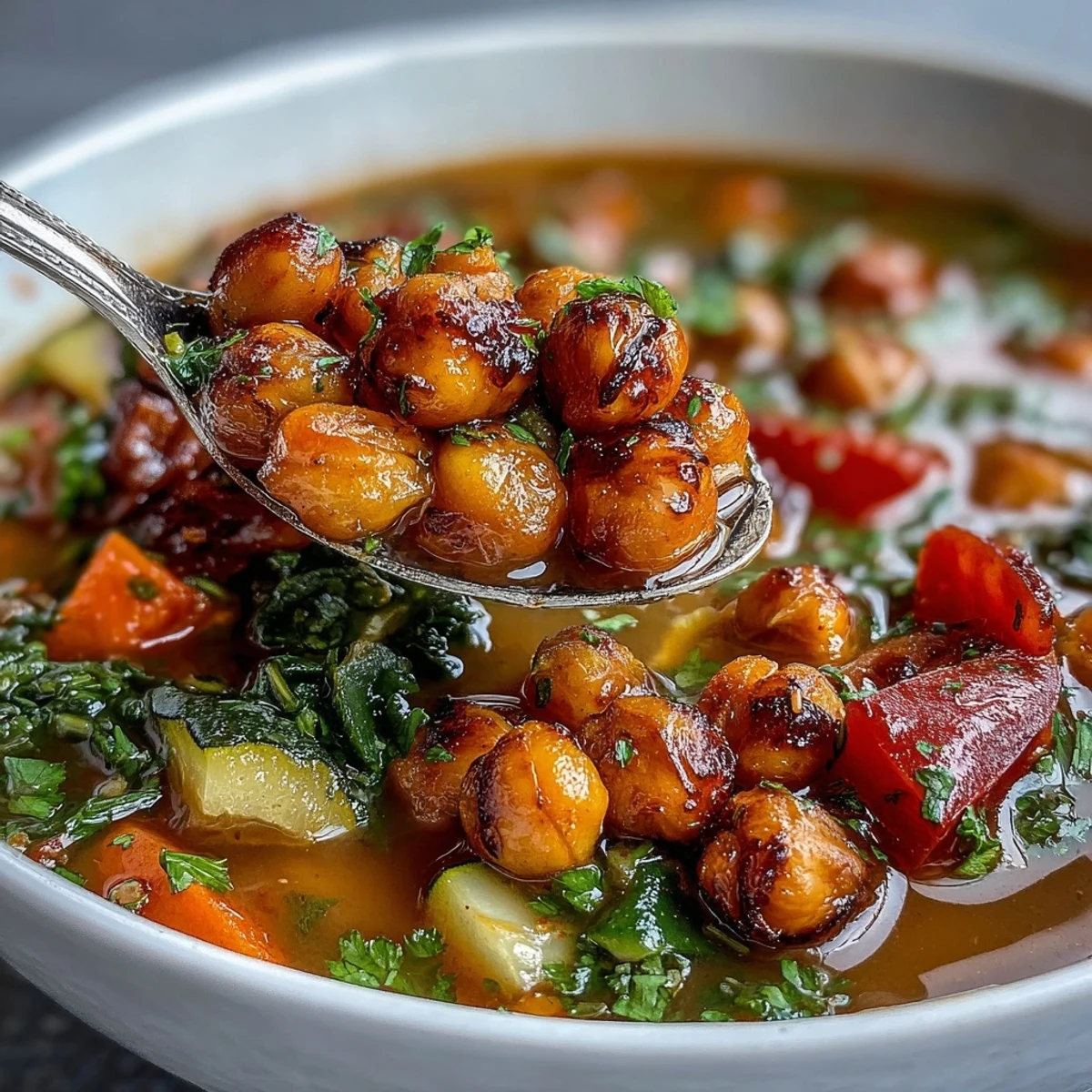 A warm bowl of Spiced Chickpea and Vegetable Soup garnished with fresh cilantro and crispy roasted chickpeas.