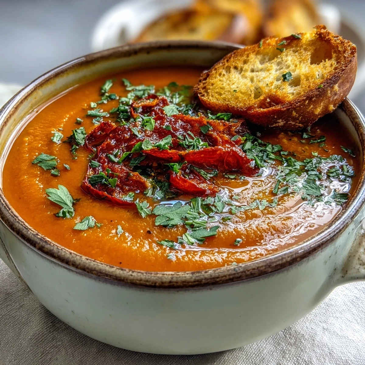 Golden roasted vegetable soup in a white bowl garnished with fresh parsley and a drizzle of olive oil.
