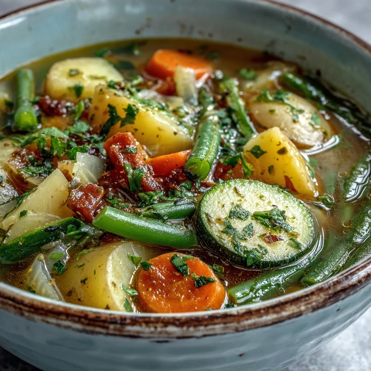 A steaming bowl of Potato and Vegetable Soup features tender potato cubes, sliced carrots, and bright green peas in a savory broth.