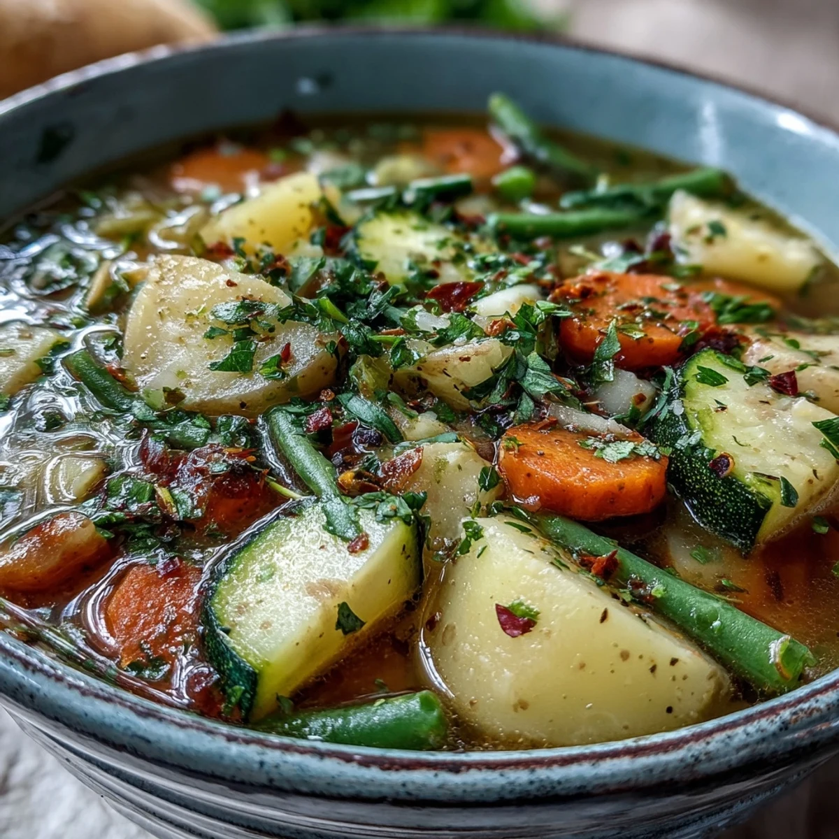 Potato and Vegetable Soup is garnished with fresh parsley and served next to rustic bread for a cozy, comforting lunch.