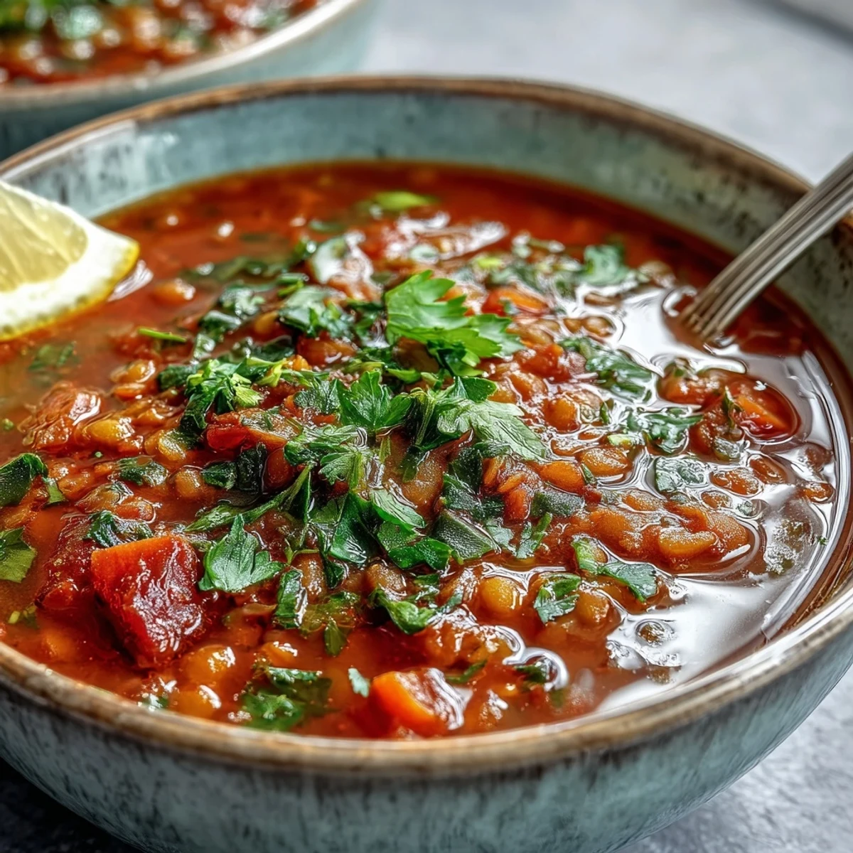 A steaming bowl of Tomato Lentil Soup, garnished with fresh parsley and a lemon wedge, served alongside crusty bread.