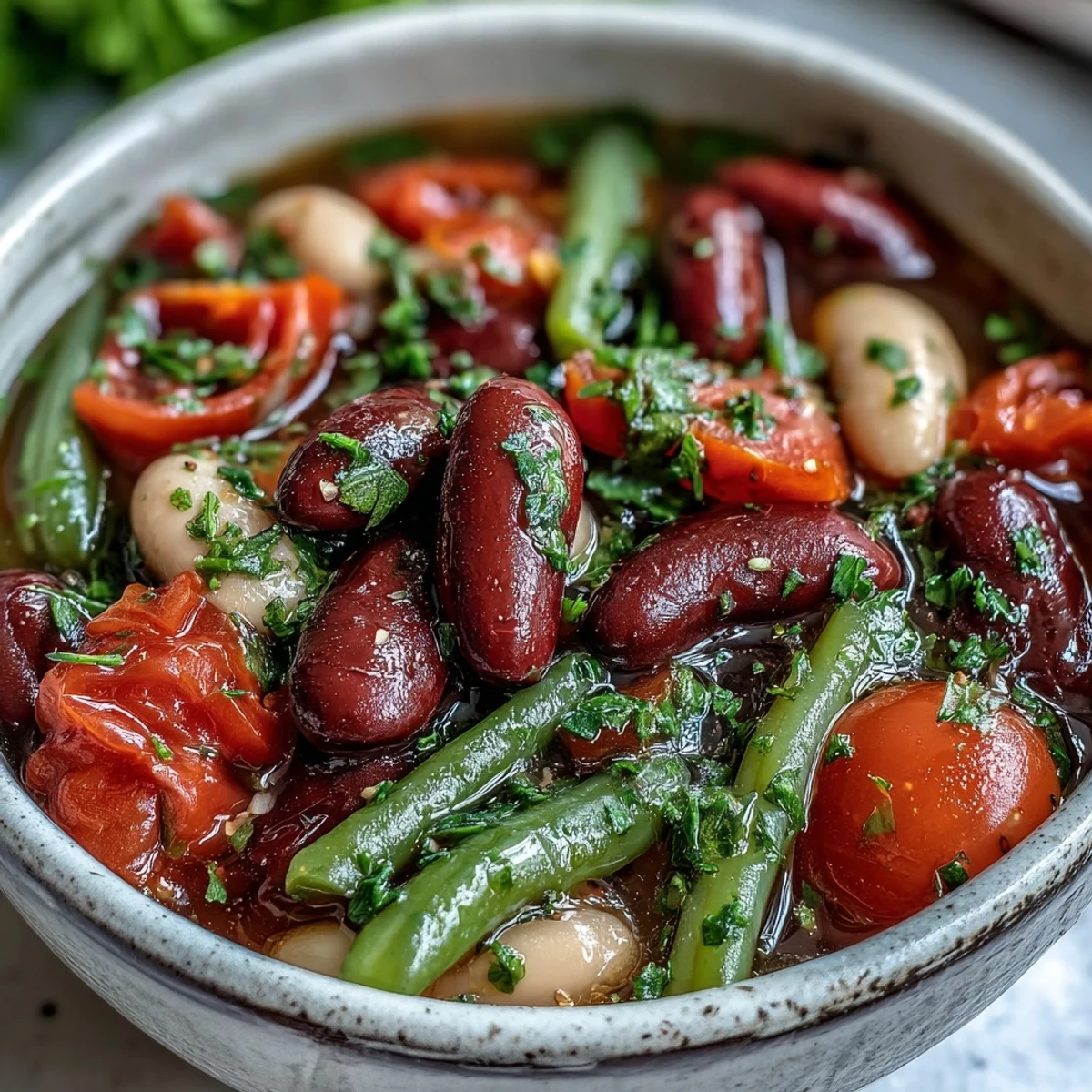 A steaming bowl of Three-Bean Salad Soup garnished with fresh parsley, featuring red kidney, cannellini, and green beans.