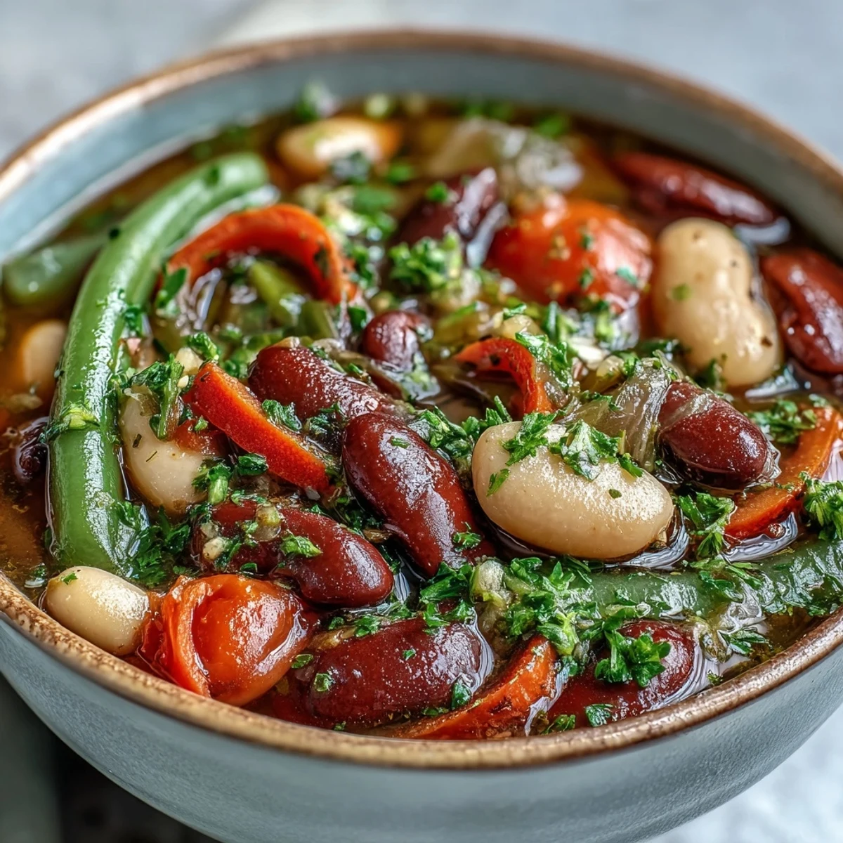 Serving suggestion for Three-Bean Salad Soup in a rustic bowl, ready to enjoy with crusty bread on the side.