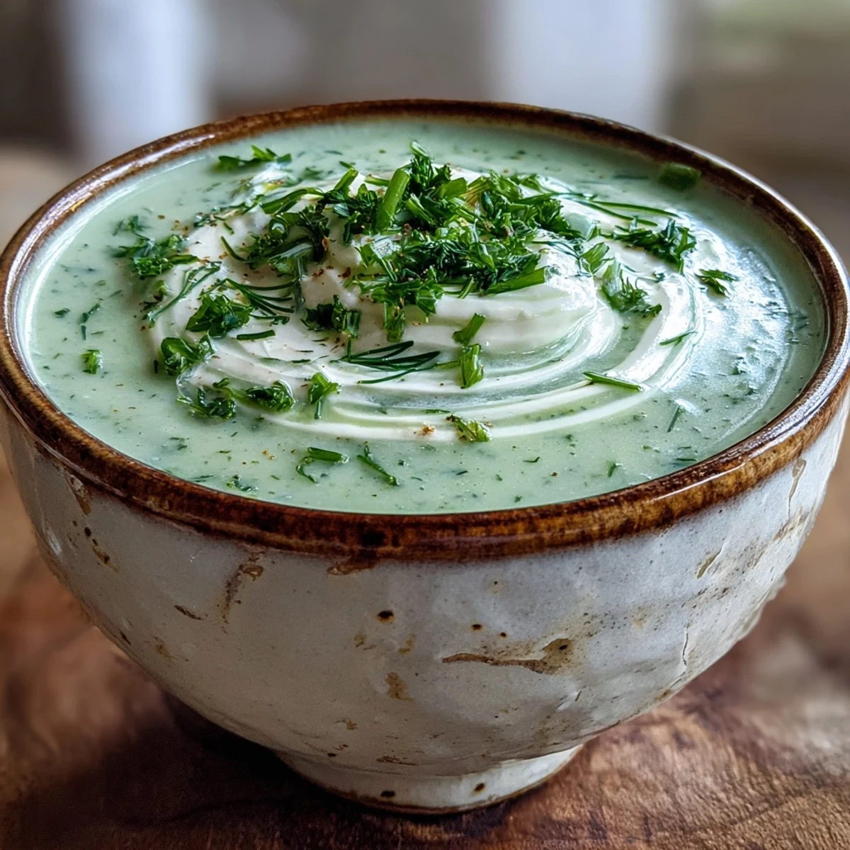 Silky-smooth Creamy Celery and Herb Soup garnished with fresh parsley and chives, served in a rustic white bowl alongside crusty bread.