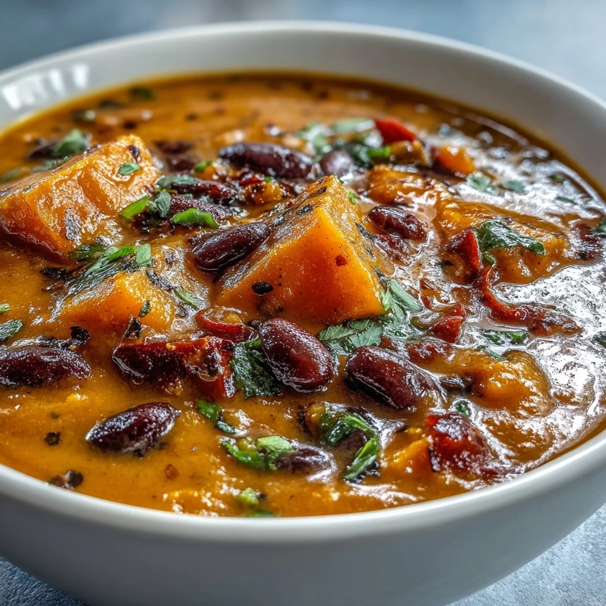 Creamy Sweet Potato and Black Bean Soup steaming in a rustic bowl with avocado and lime.