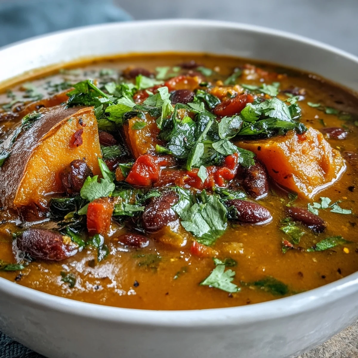 A ladle serving Sweet Potato and Black Bean Soup alongside crusty bread on a table.
