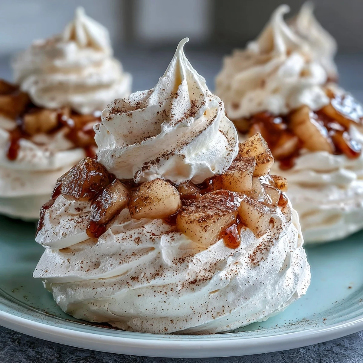 Warm spices and whisky-soaked pears garnish these delicate Mini Hot Toddy Pavlovas, perfect for a cozy autumn dessert plate.