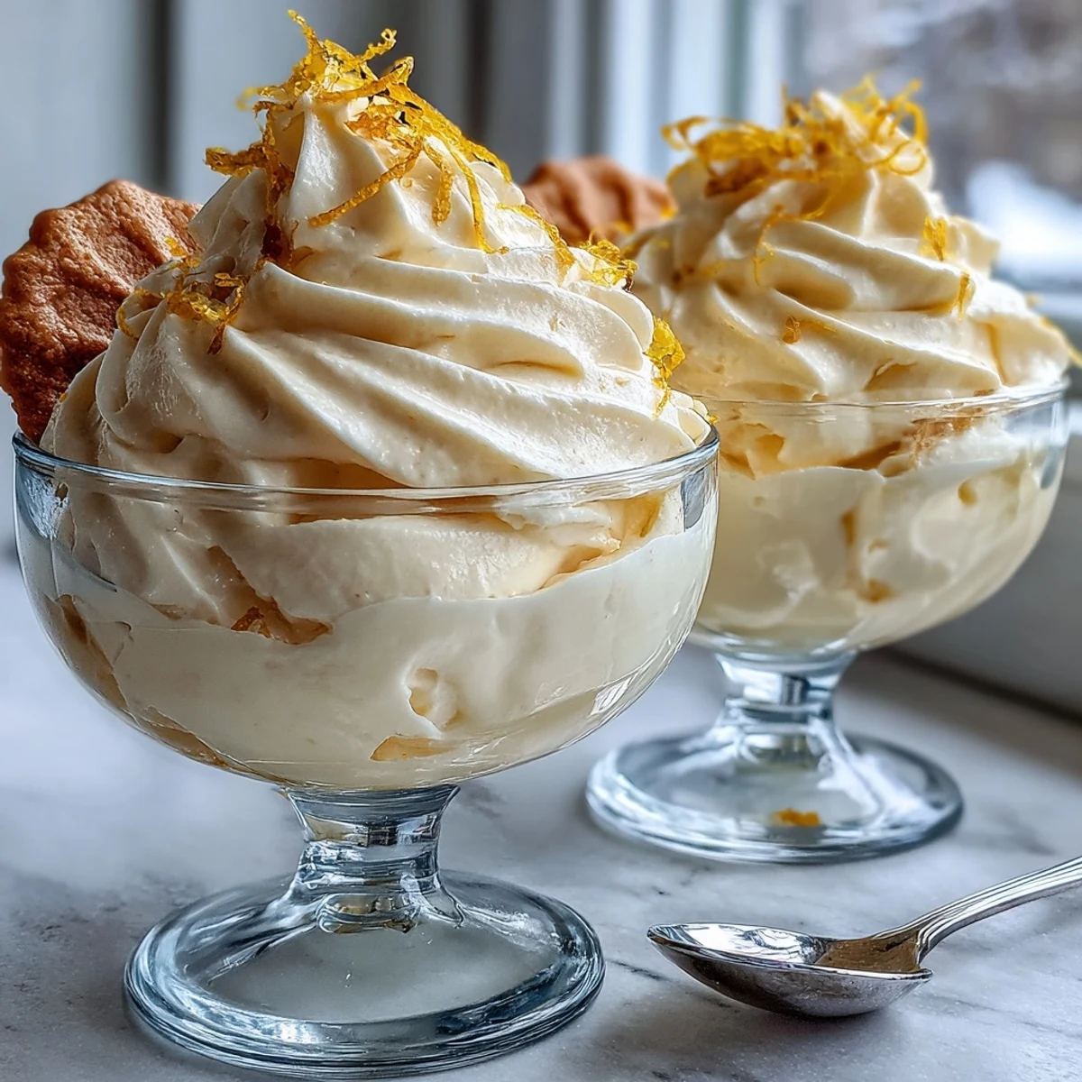 A clear glass serving spoonful of layered Lemon Fool, topped with fresh berries and lemon zest.