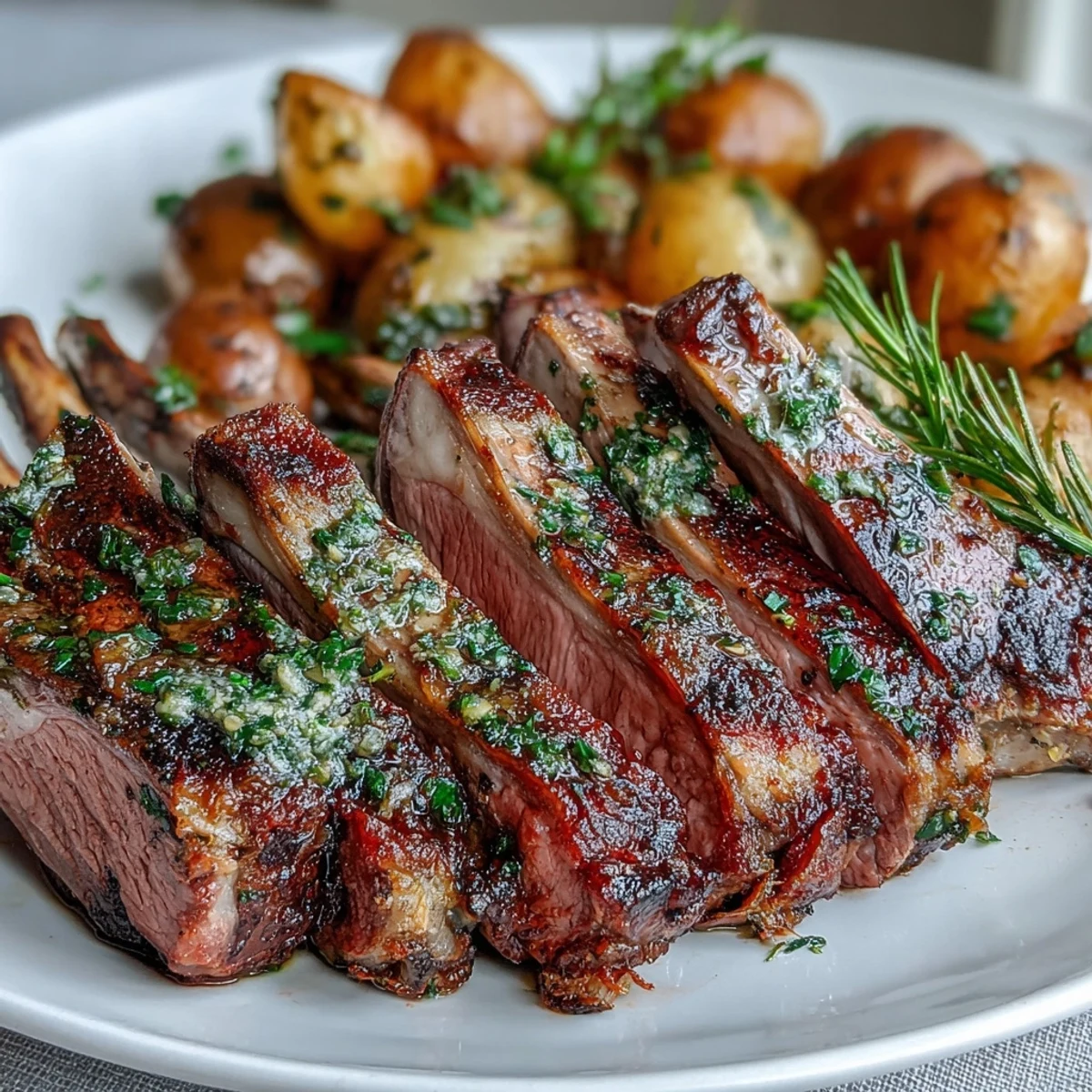 Golden-brown One-Pan Roast Rack of Lamb and Green Olive Potatoes served with rosemary sprigs.