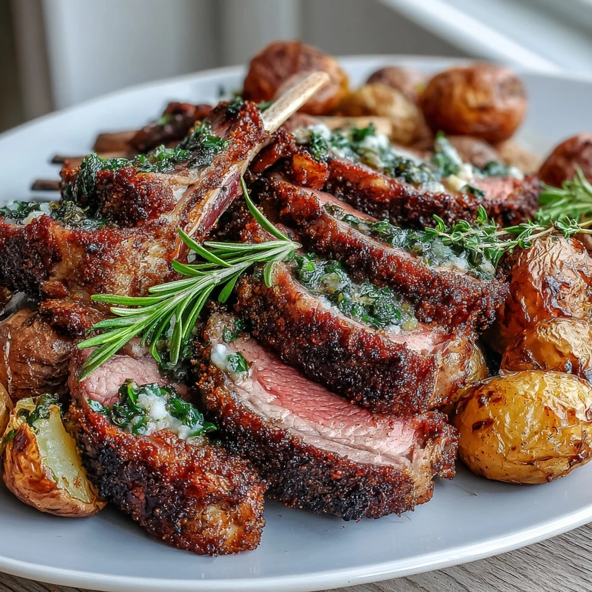 Sizzling One-Pan Roast Rack of Lamb and Green Olive Potatoes on a baking tray.