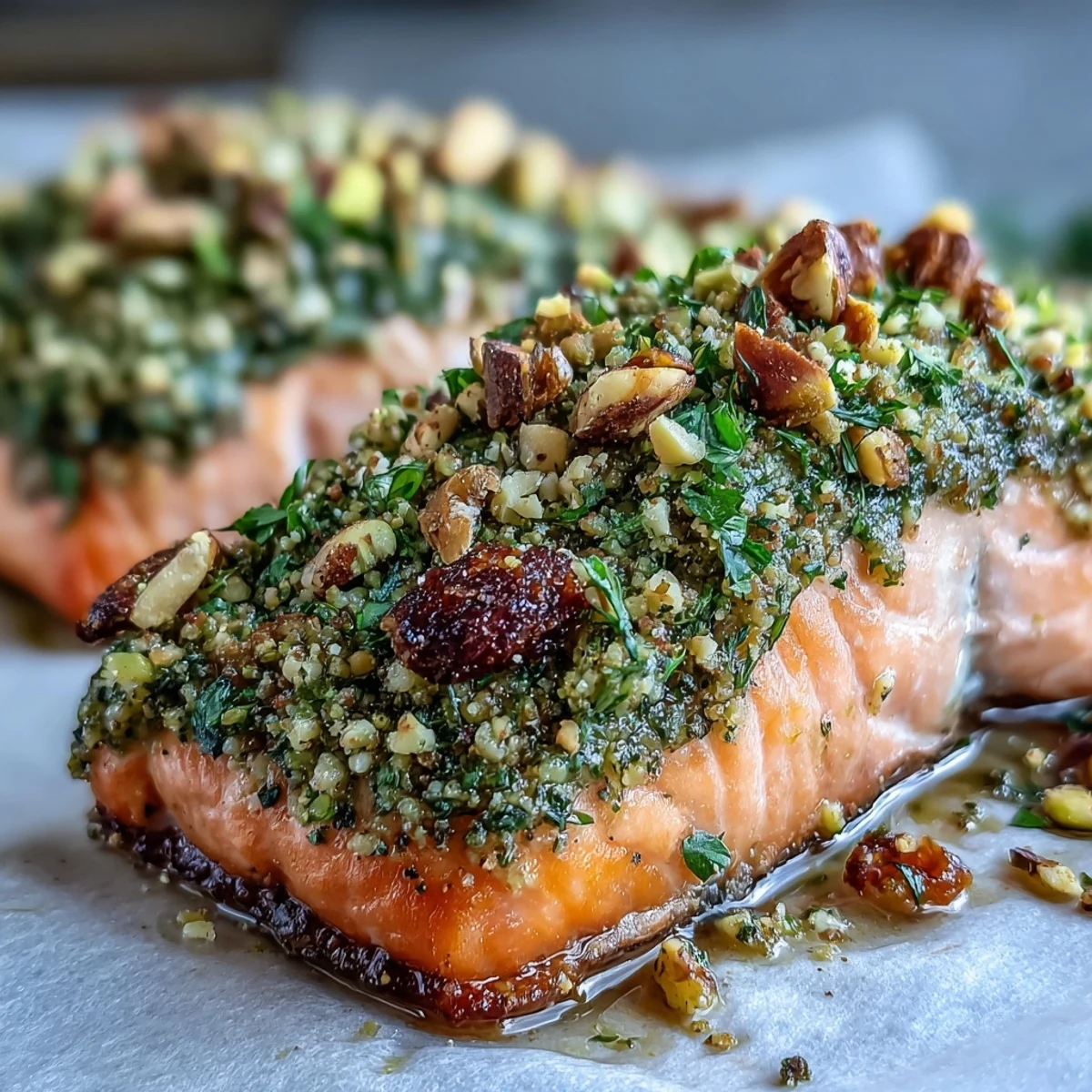 Mediterranean-style Confit Salmon With Tahini, Pistachio and Herb Crust served warm with a drizzle of olive oil.