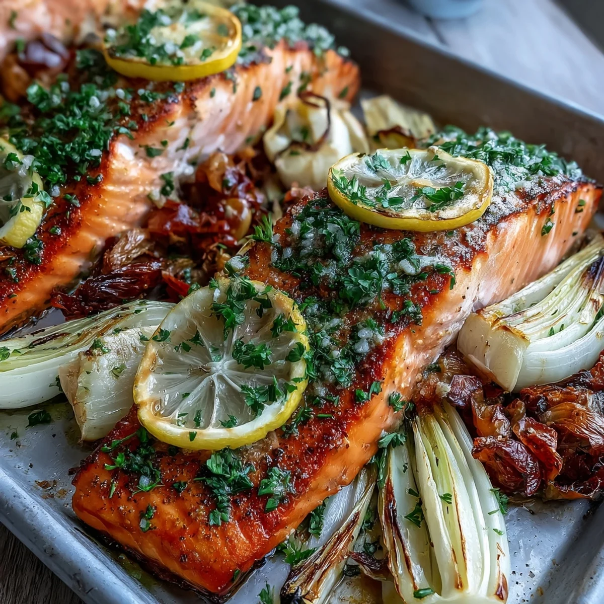 Golden-brown One-Pan Roast Salmon fillets nestled among tender roasted leeks and onions, topped with a vibrant green parsley dressing.