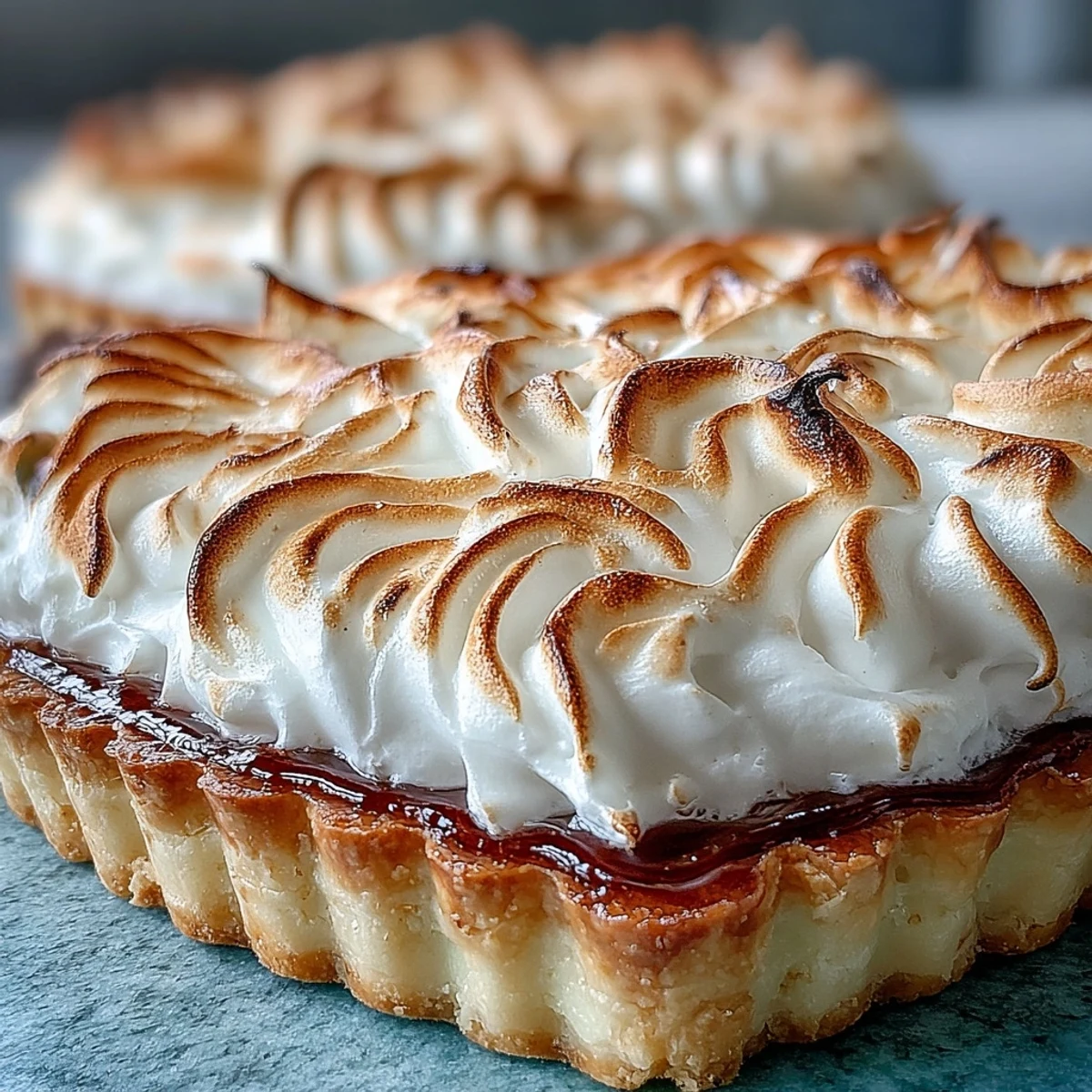 Freshly baked Lemon Meringue Pie with a golden-brown, torched meringue topping sits beside a slice revealing the bright yellow filling and crisp crust.