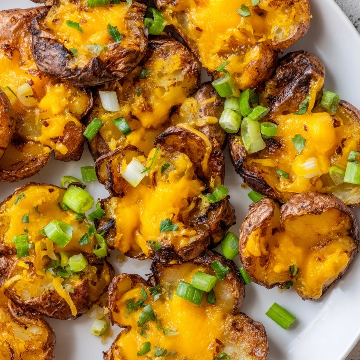 Crispy smashed green onion potato bombs topped with melted cheese and fresh herbs.  