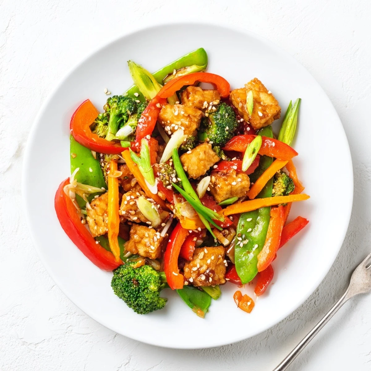 A close-up of golden tempeh cubes and crisp vegetables coated in glossy sauce in a wok, highlighting the Vegan Vegetable Tempeh Stir-Fry.  