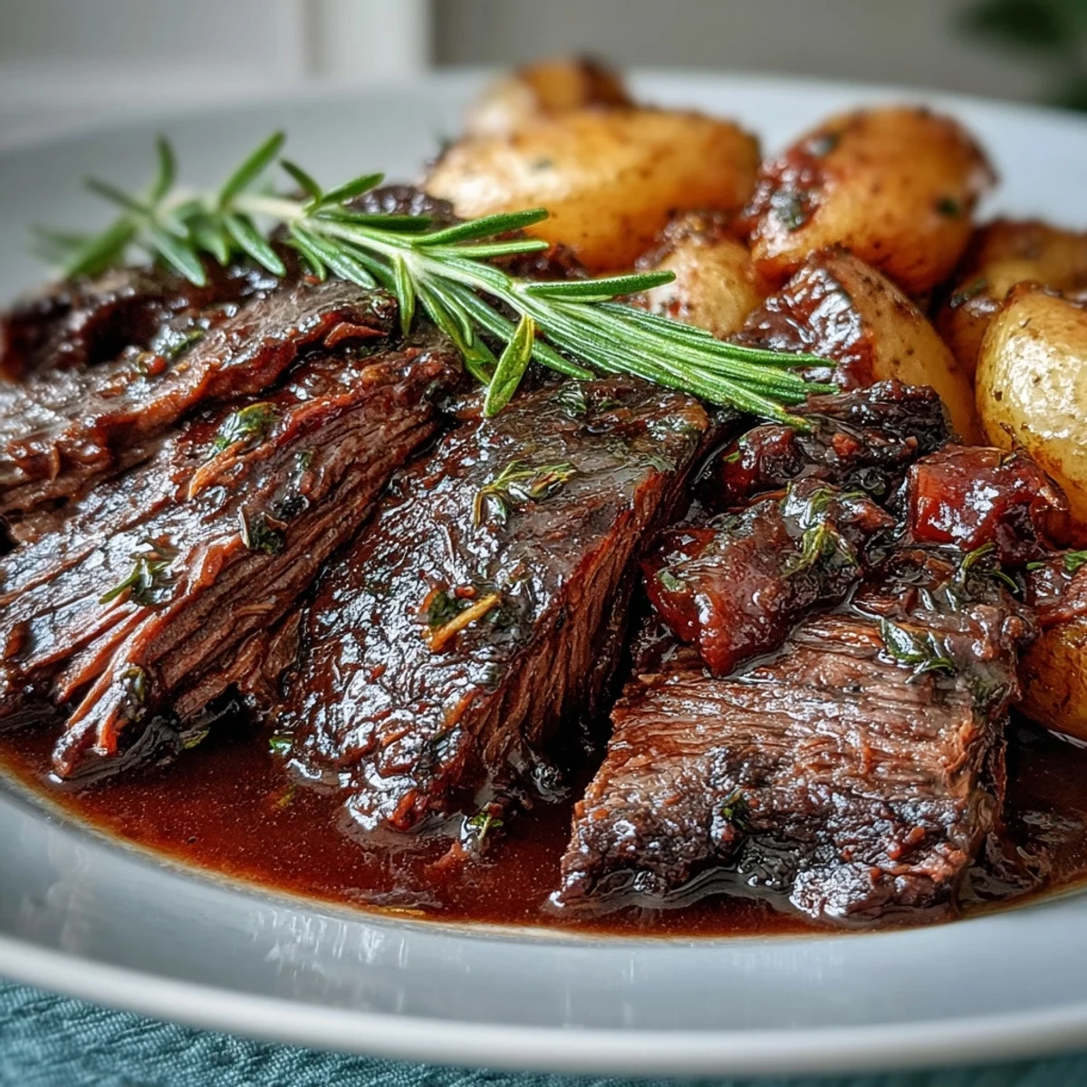 Sizzling beef pot roast fresh from the Dutch oven, glistening with rich red wine gravy and tender herbs.