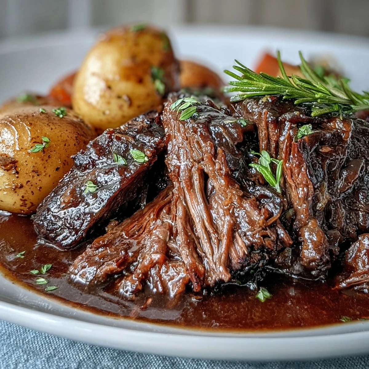 Shredded beef pot roast over buttered noodles, with carrots and celery in a thick, savory gravy.