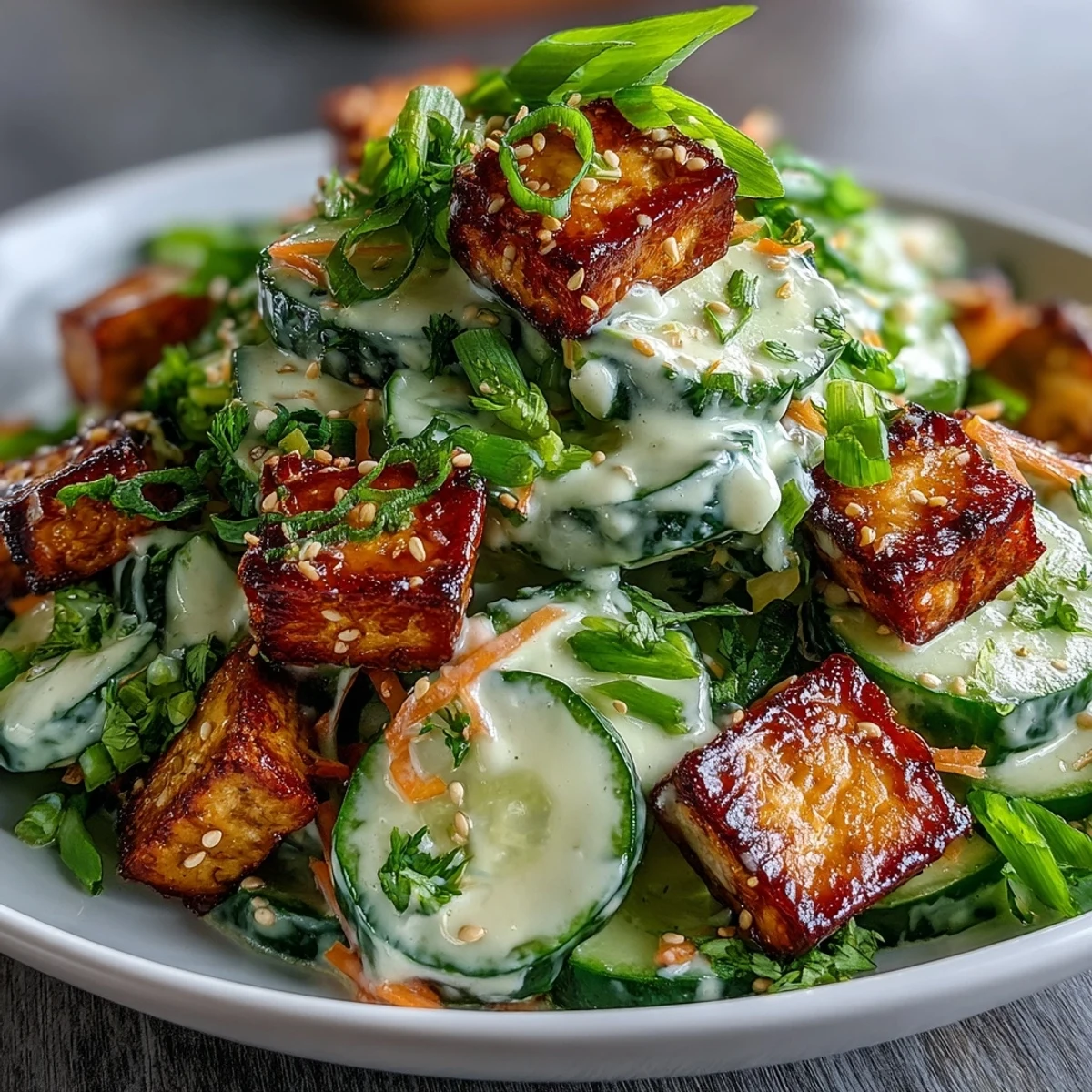 Creamy Asian Cucumber Salad with Crispy Tofu served in a ceramic bowl with vibrant carrot matchsticks and sesame seeds.