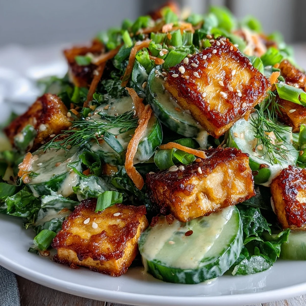 Fork-tender golden tofu cubes rest atop crisp cucumbers and carrots, drizzled with creamy sesame-ginger dressing.