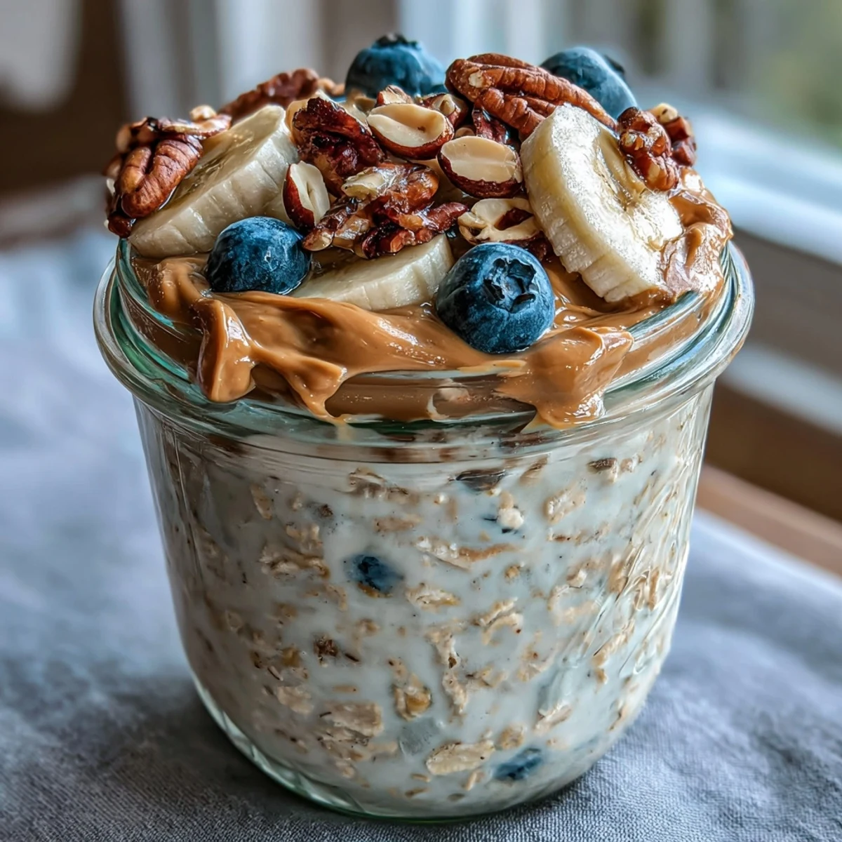 Creamy peanut butter overnight oats with banana slices and chopped peanuts in a glass jar.