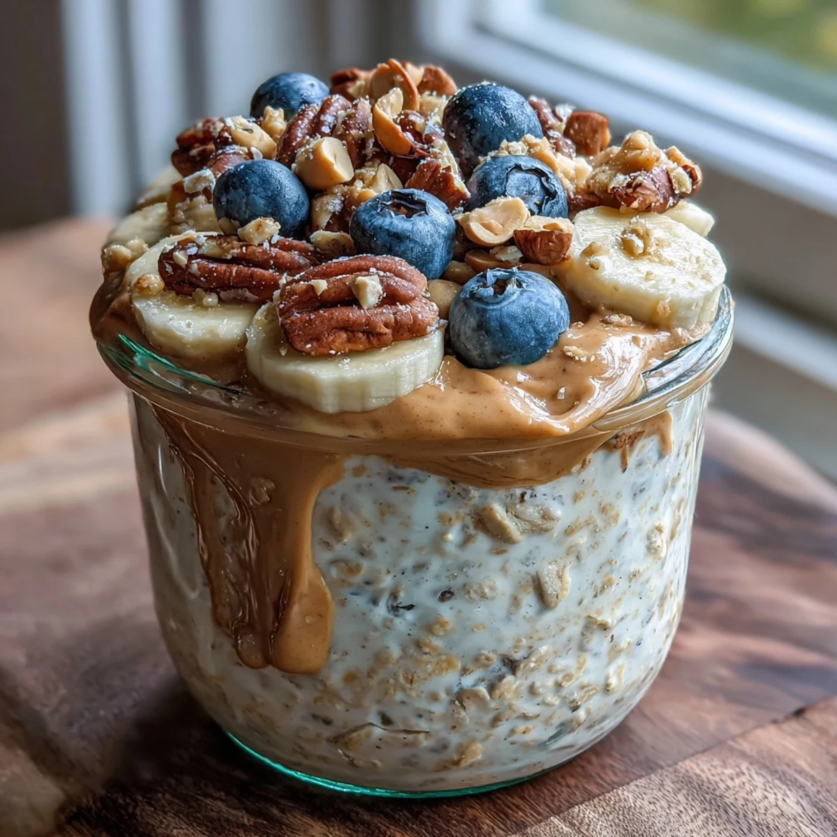 Close-up of thick high-protein peanut butter overnight oats in a jar with fresh blueberries and a peanut butter swirl.