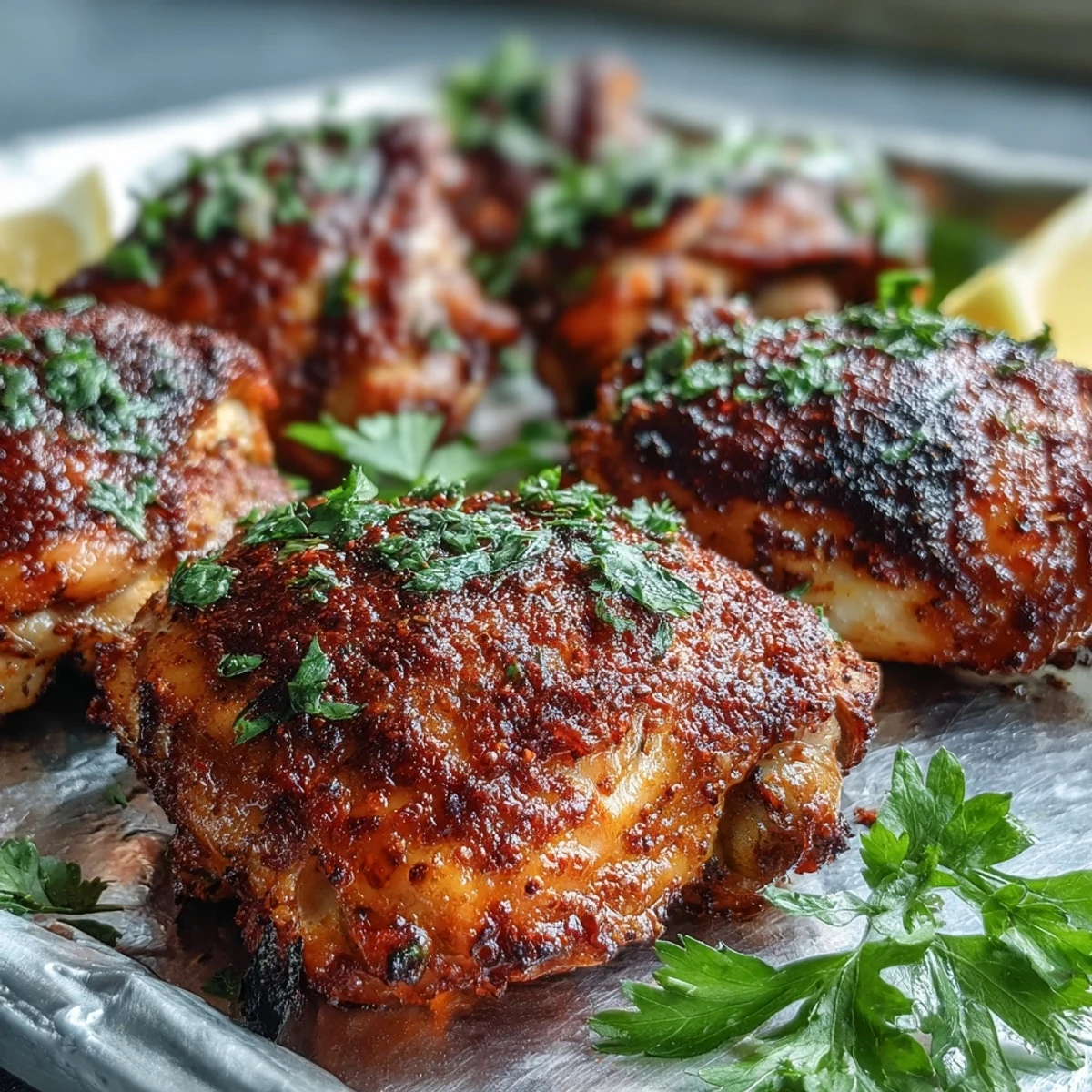Golden, crackling skinned Crispy Baked Bone-In Chicken Thighs rest on a wire rack for even browning.