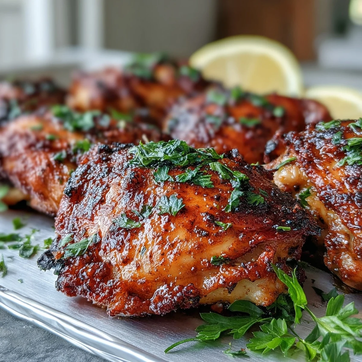 Served on a platter with lemon wedges, these Crispy Baked Bone-In Chicken Thighs are a perfect weeknight dinner.