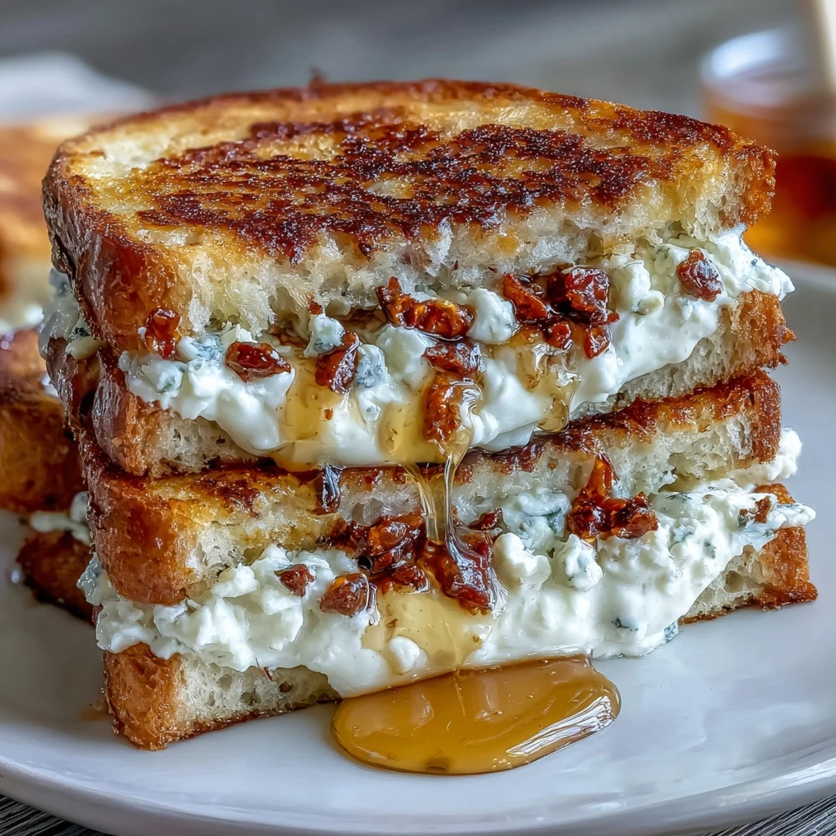 Golden-brown sourdough grilled cheese slices revealing a creamy filling of goat cheese, honey, and chili flakes.